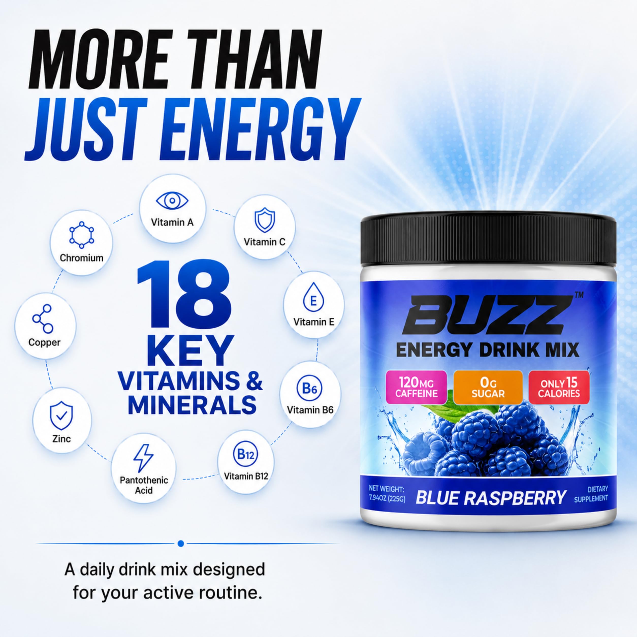 Sugar Free Energy Drink Powder - 18 Vitamins & Minerals, Raspberry Flavor — Amazon image 5