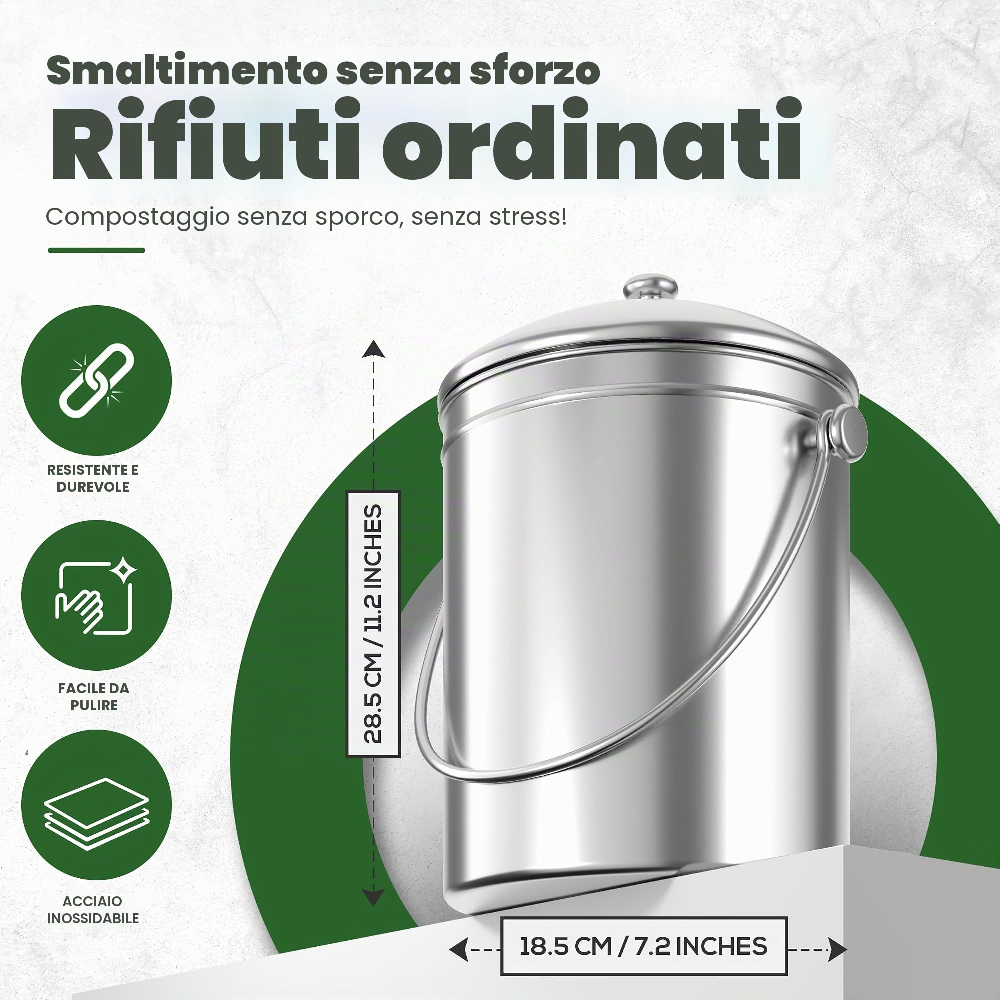 Bidone per compostaggio in acciaio inox di alta qualità, 3 litri, include filtro al carbone Utopia Kitchen