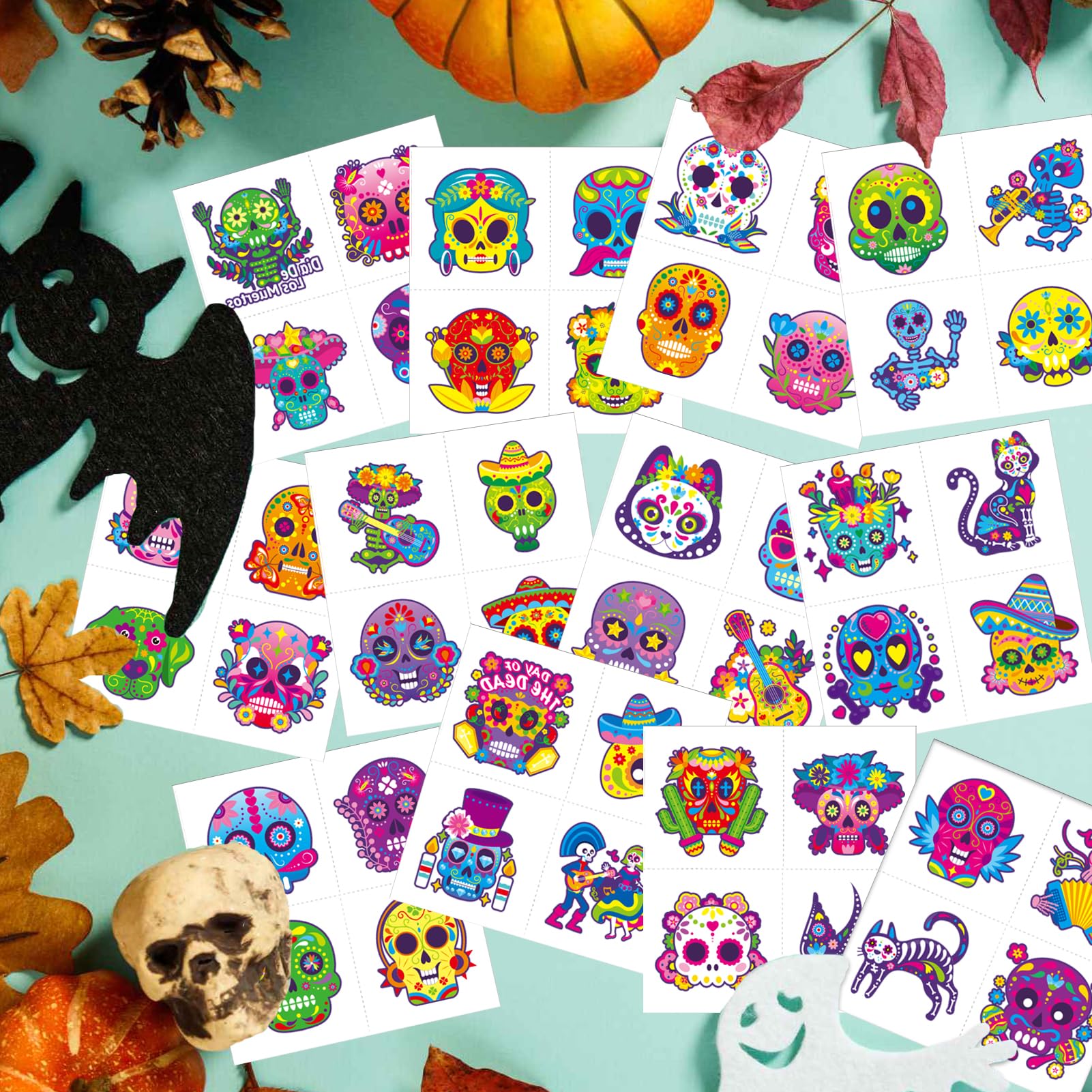 Snapklik.com : 96PCS Day Of The Dead Sugar Skull Face Tattoos Colorful Cute  Halloween Temporary Tattoos For Mexican Cosplay Halloween Party Favor  Supplies, image size:1601x1601