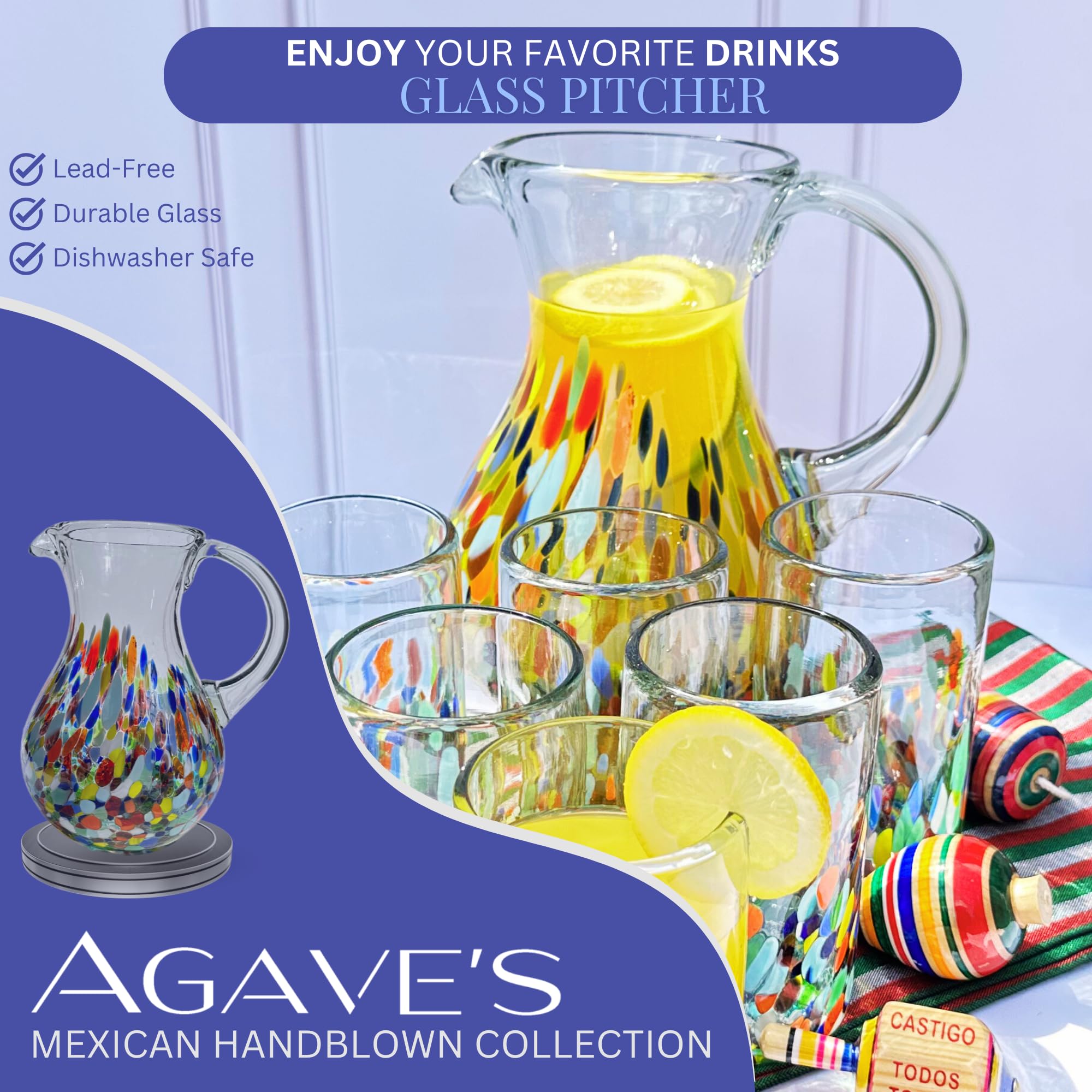 Pichet Verre Mexicain 2,4L Agave - Soufflé Main Confettis Carmen Boissons