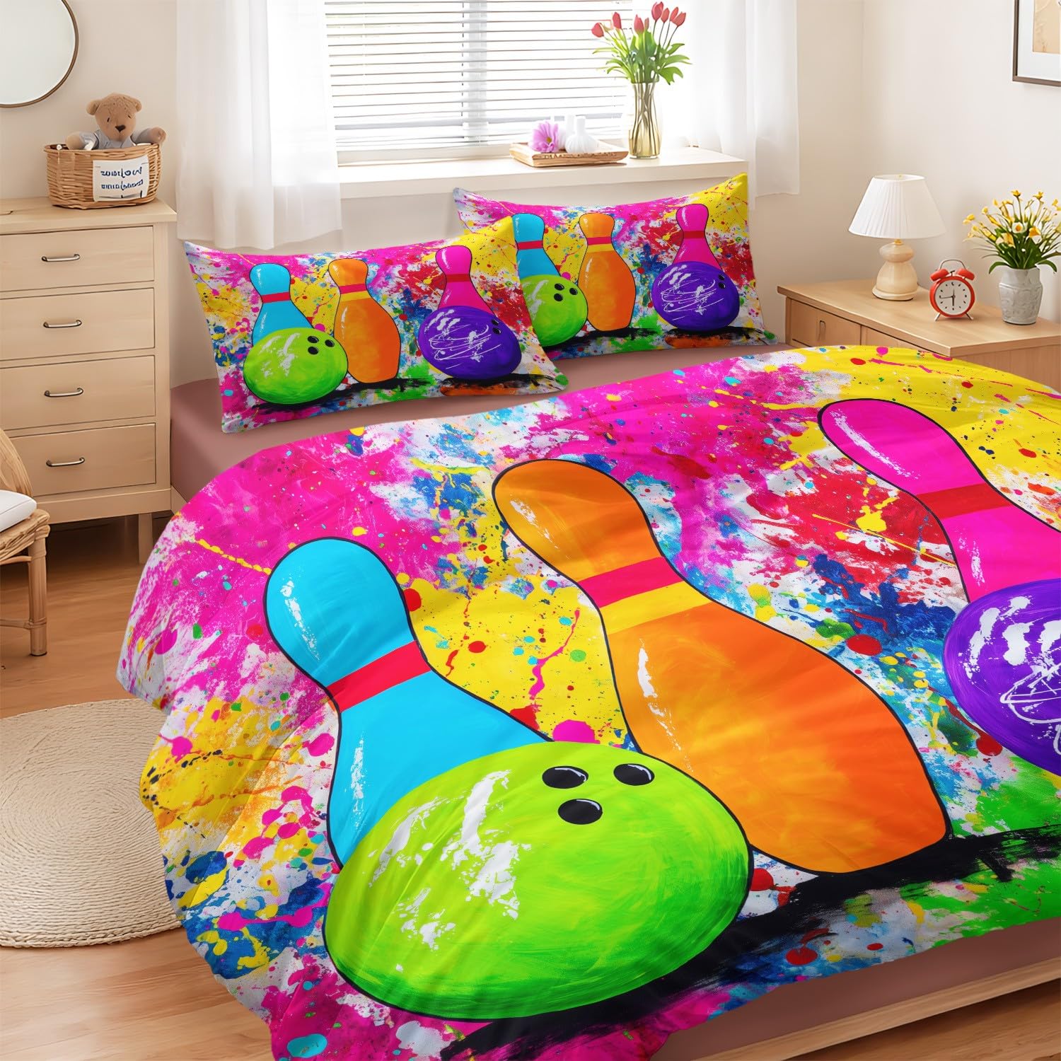 Parure de lit bowling et drap-housse graffiti pour chambre enfant fille garçon en 240x260 cm