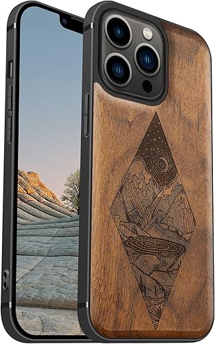 Carveit Funda magnética de madera para iPhone 13 Pro madera natural y poliuretano termoplástico suave negro Funda protectora a prueba de golpes,