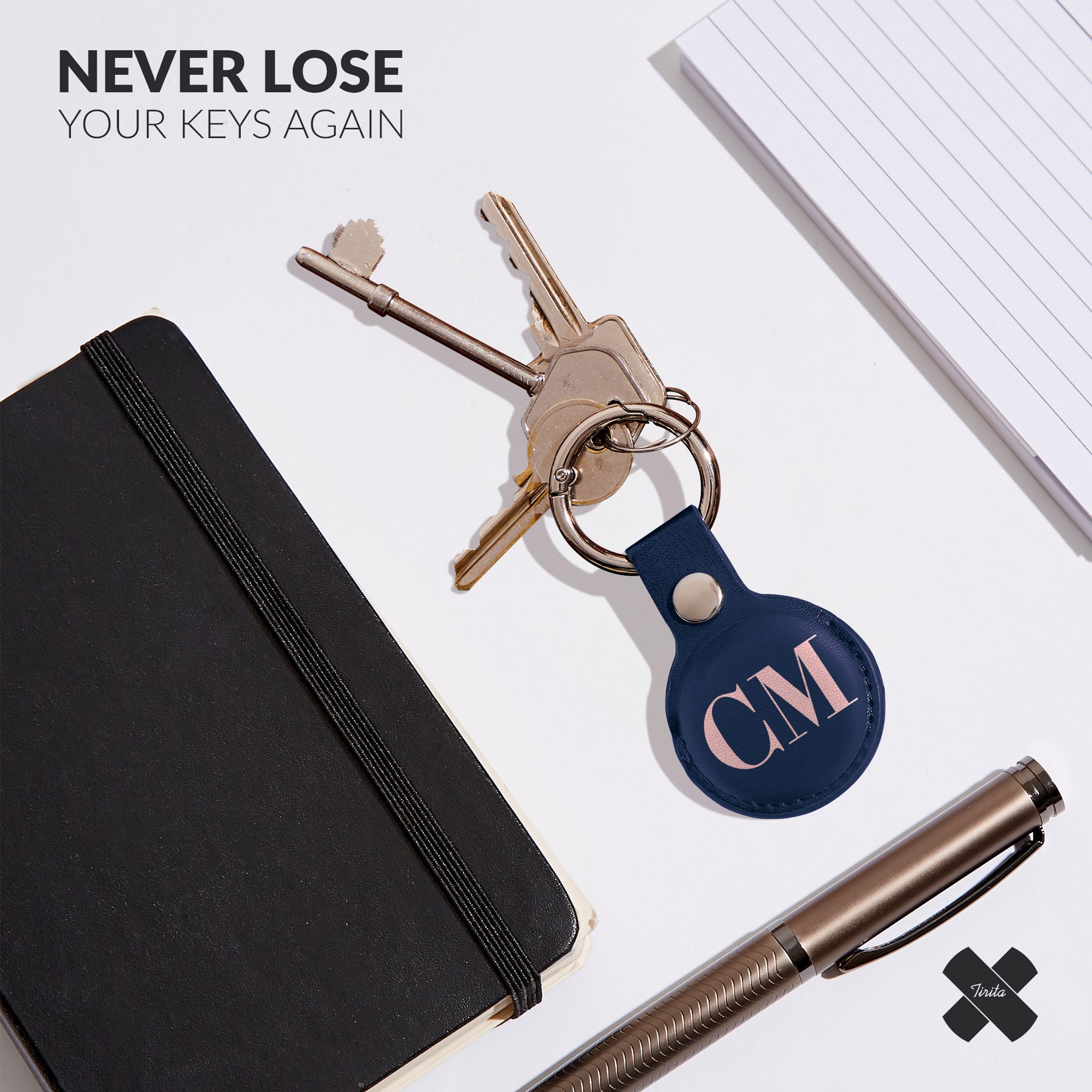 Tirita Personalised Case Keyring Holder Compatible with Apple AirTag 1 & 2 - Leather Case with Key Ring for Apple AirTag [16- Monogram Initials on Blue] — view 2