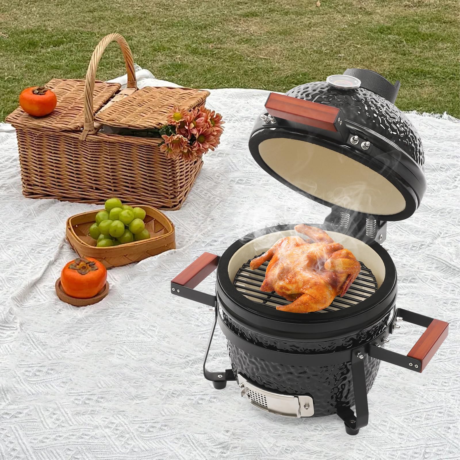 Barbecue in ceramica a carbonella, Ø 32 cm, con termometro, ventilazione e manici in legno, mini barbecue a sfera 2 in 1, per giardino, balcone e campeggio