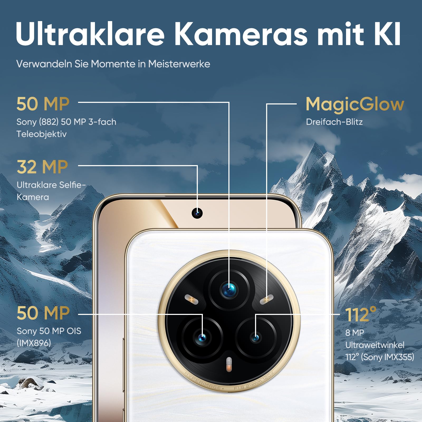 realme 14 Pro+ 5G Android Smartphone, 8+ 256 GB, Sony IMX896 OIS-Kamera, Trendiges Design mit wechselnden Farben, IP69, 6,83" 120-Hz-Display, 5260-mAh-Akku, Weiß (Mit Adapter)