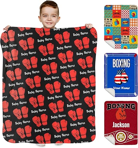 NICTIMEID Mantas de boxeo personalizadas para bebés, manta tipo bóxer personalizada con nombre para niños, mantas deportivas de sherpa para bebé,