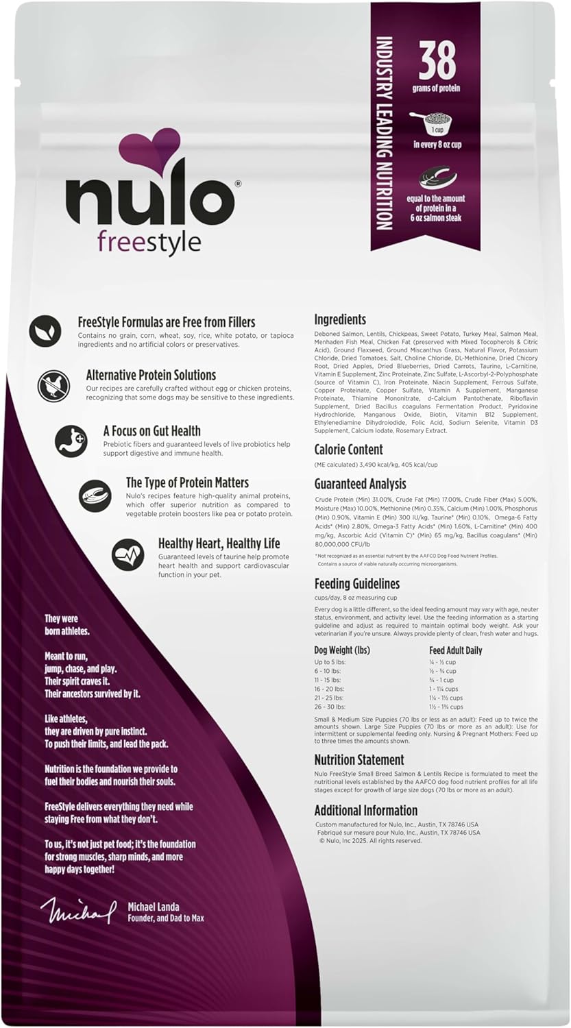 Nulo FreeStyle Small Breed Dog Food Dry - Salmon & Lentils, Puppy & Adult Grain Free Dog Food, Natural, High Protein, Smaller Sized Kibble with BC30 Probiotic for Healthy Digestion Support, 6lb - Image 11