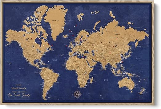 Gold & Navy World Map with Pins Push Pin Canvas Travel Map Personalized World Travel Tracker Framed Wall Decor Natural Float Frame 24" x 36"