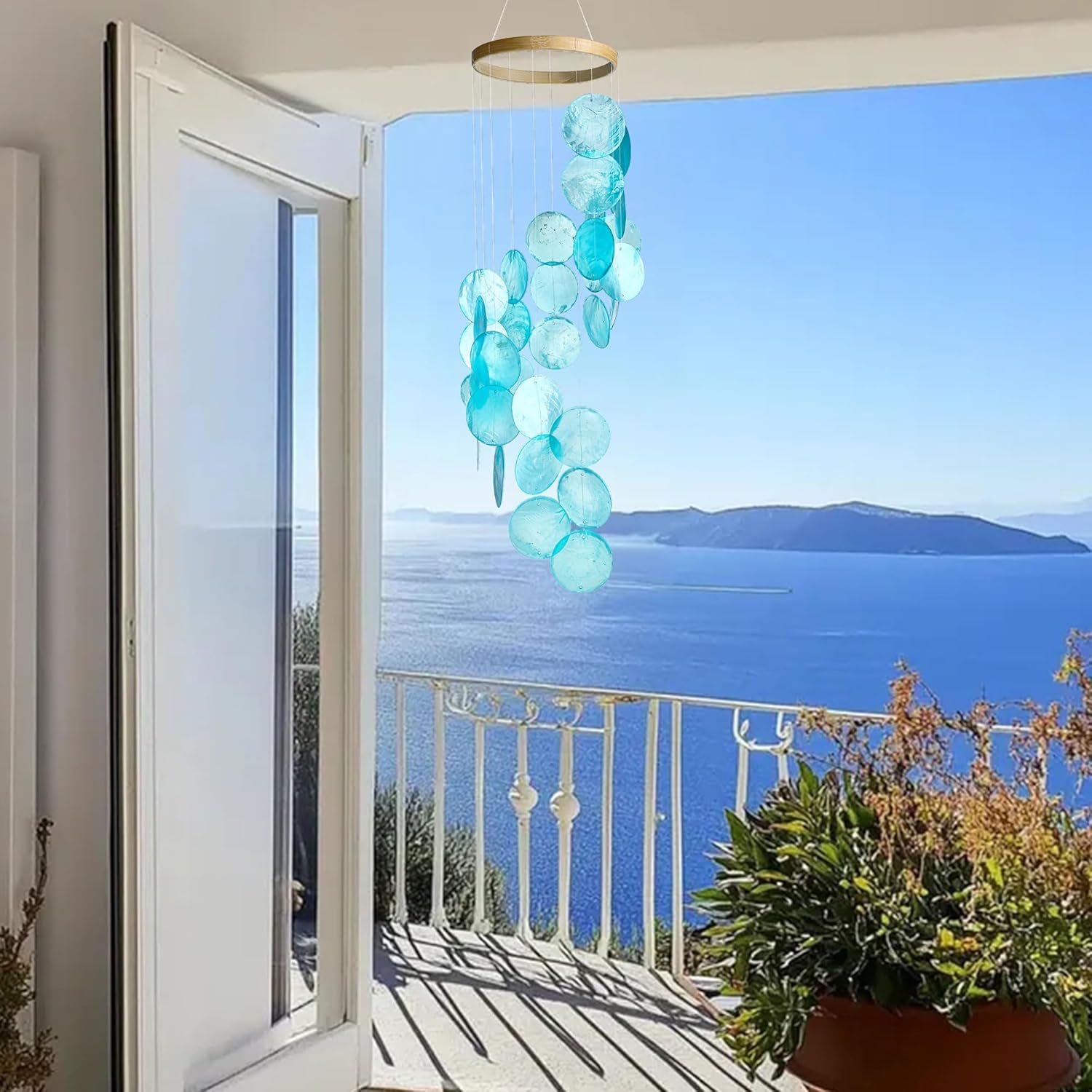 YUFENG Wind Chimes Outdoor Decor, 17'' Ocean Blue Capiz Shell Metal Windchime for Outside Garden Yard Home, Soothing Sound Decorative Wind Bell Memorial Ornament for Christmas Tree Gift - Image 3