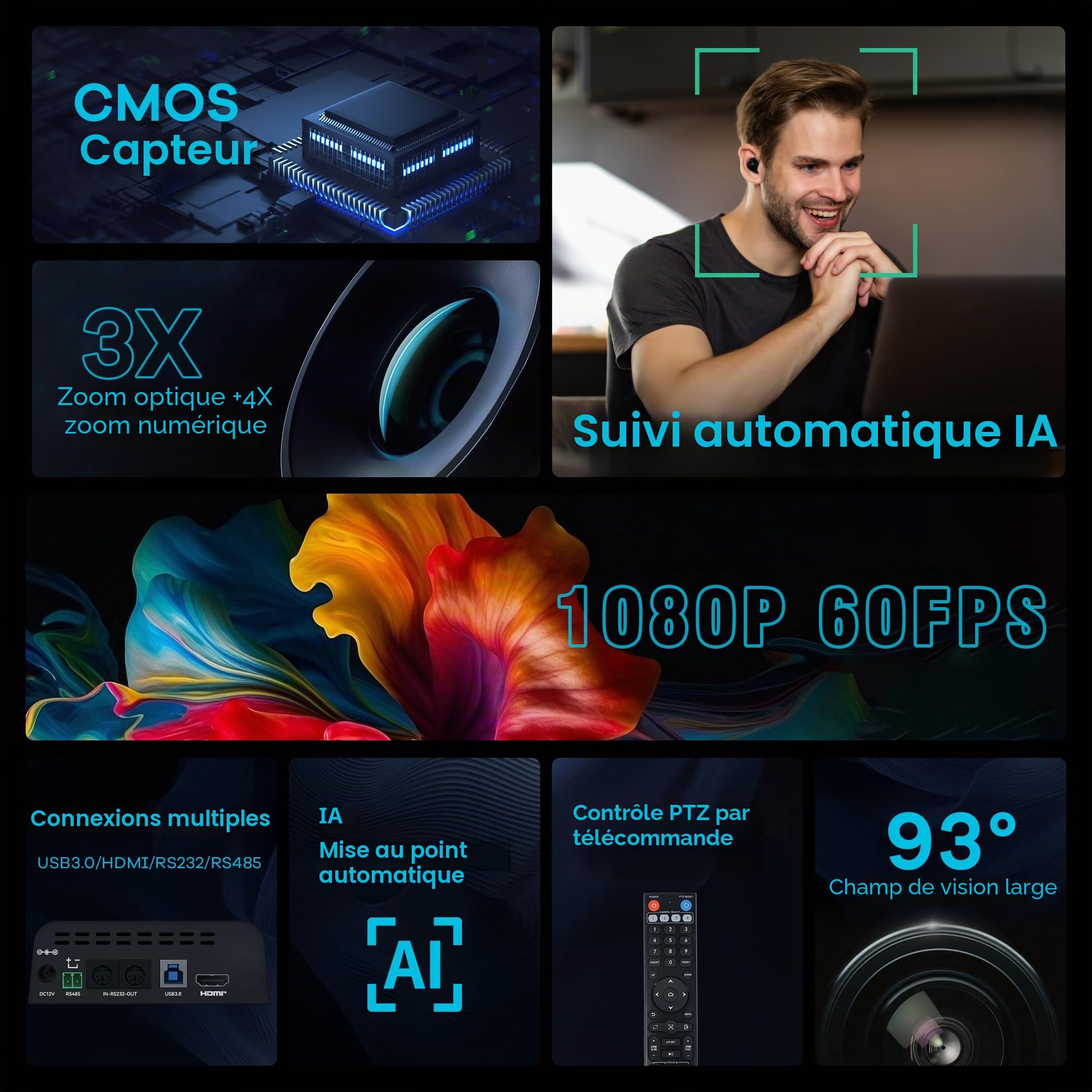 TONGVEO Caméra PTZ AI Auto-Tracking Zoom Optique 3X HDMI USB 3.0 1080P 60fps Grand-Angle pour Visioconférence Streaming Direct Zoom Youtube Teams OBS et Plus