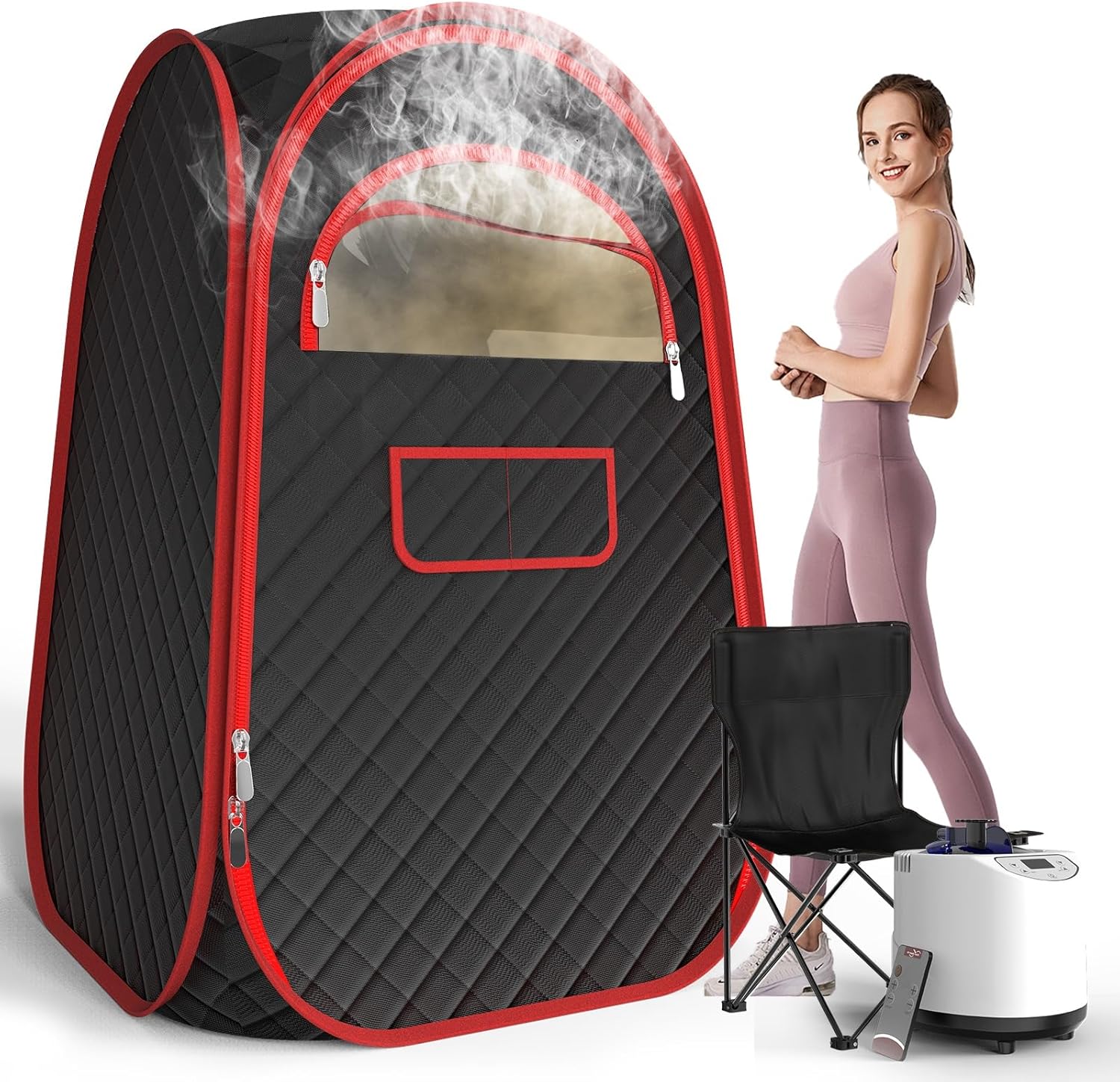 FIOCCO Portable Sauna Box, Portable Sauna for Home with 2.6L Steamer Generator, Remote Control, Portable Chair & Floor Mat, Full Body Personal Saunas Tent for Health, 9 Levels, Orange