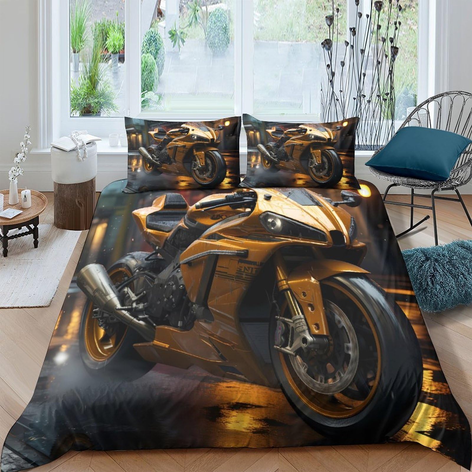 GPLZQXKJNH 3D Printed Golden Motorcycle Duvet Cover Microfiber Soft Breathable Racing Bike Bedding Set with 2 Pillowcases for Bedroom Decor, Single（135x200cm）