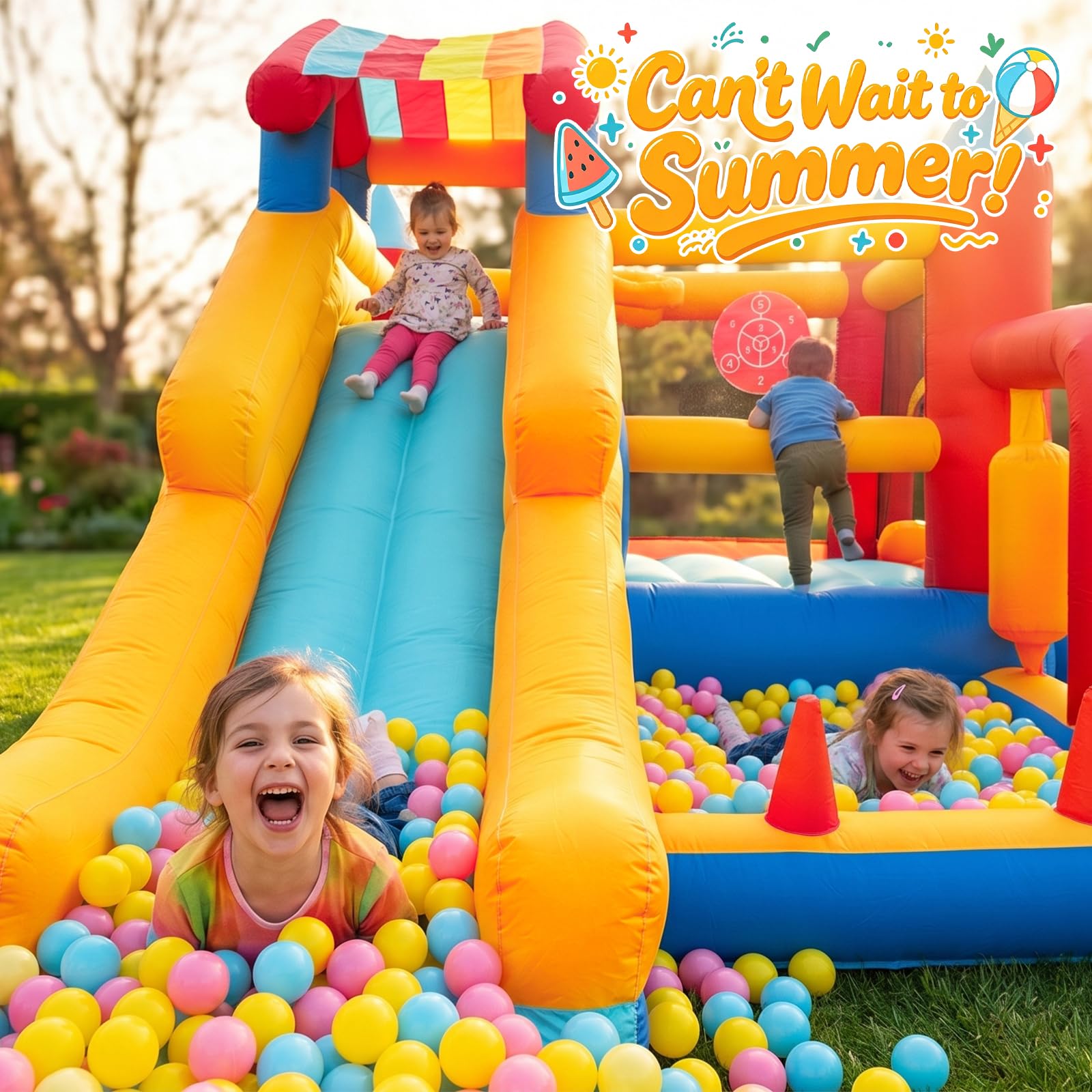 Castillo Hinchable para Niños, FOOING 9 en 1 Casa Inflables con Soplador de Aire, Trampolín, Tobogán, Estante Baloncesto, Pared Escalada, Casa Inflable Interior al Aire Libre para Fiesta Cumpleaños