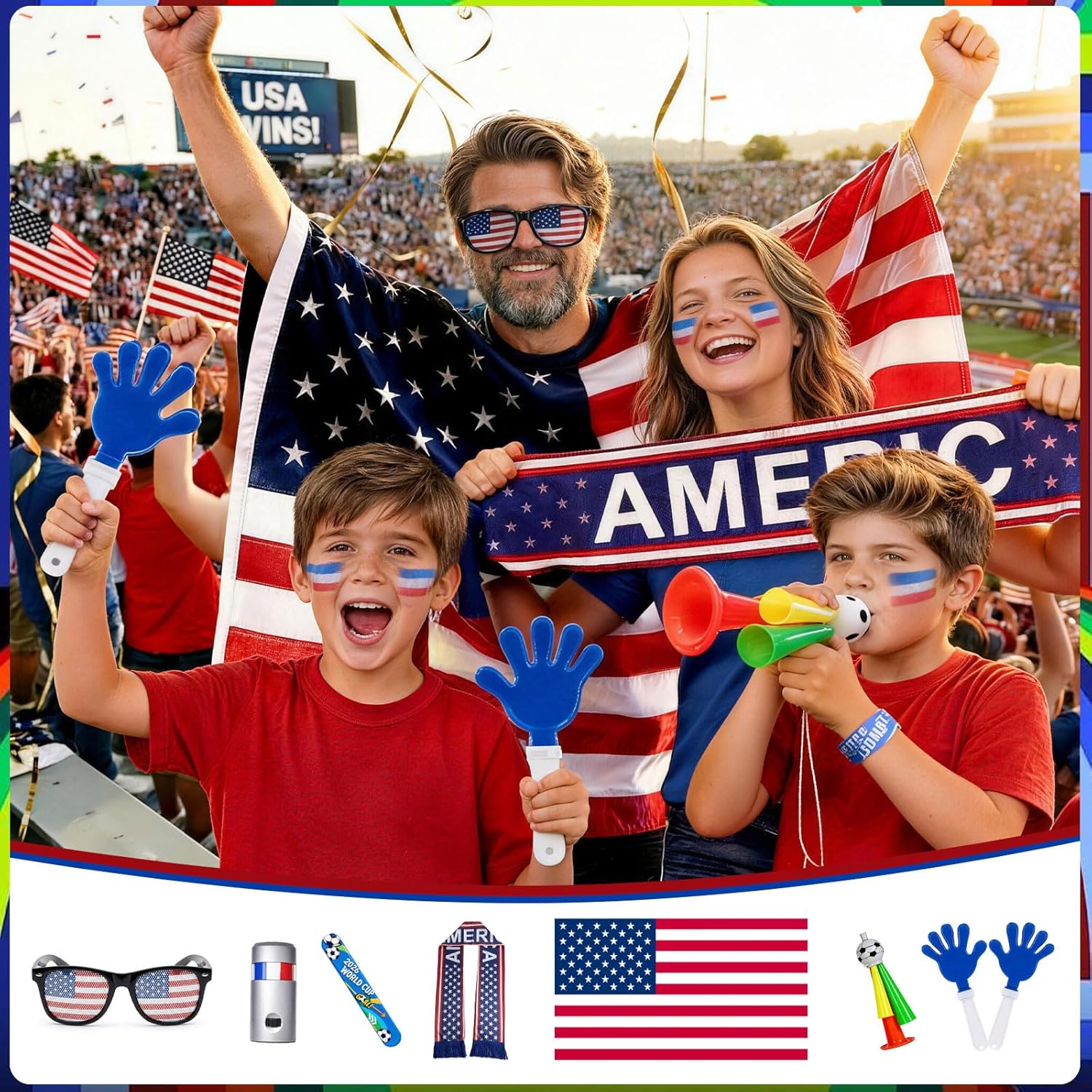 Soccer Fan Gear Set for 2026 World Tournament, USA Soccer Party Favors Kit with Flag,Scarf, Face Paint, Clapper, Horn&Glasses, American Supporter Accessories for Game Day, Sports Event, Boy Adult Gift