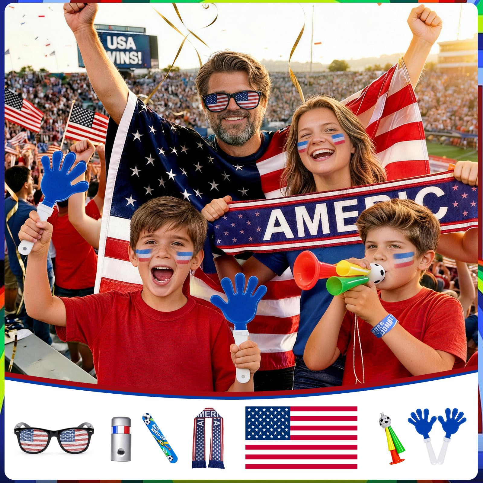 Soccer Fan Gear Set for 2026 World Tournament, USA Soccer Party Favors Kit with Flag,Scarf, Face Paint, Clapper, Horn&Glasses, American Supporter Accessories for Game Day, Sports Event, Boy Adult Gift - 2
