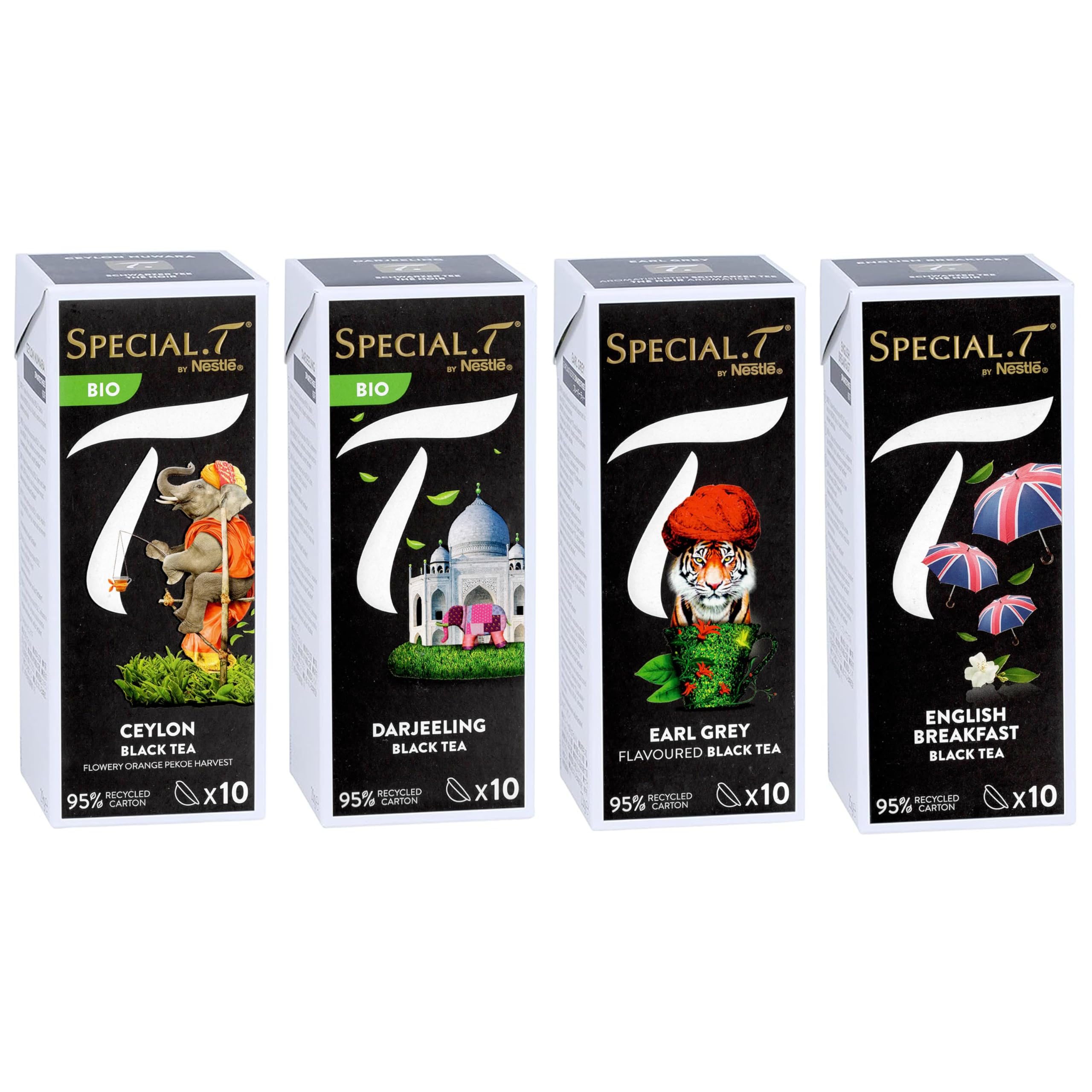 Special T 4er noir thé set - Ceylon (Bio), darjeeling (Bio), earl grey & english breakfast - 10 capsules par paquet (40 au total) black tea mix