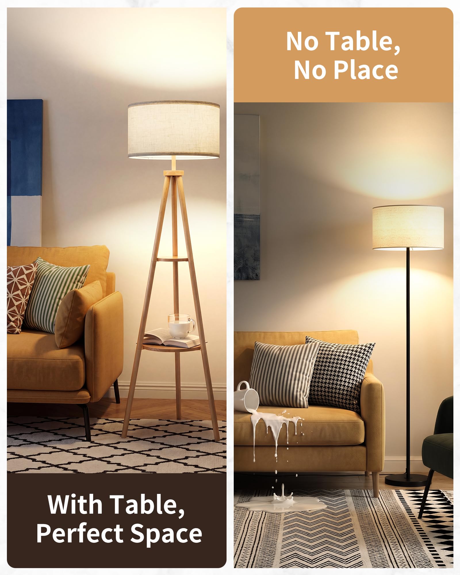 Tripod-Stehlampe aus Holz mit 2 Ablagen, Boho Stehleuchte im skandinavischen Stil, beiger Stoffschirm, E27, Fußschalter, 154 cm hoch, für Wohnzimmer Schlafzimmer Ecke