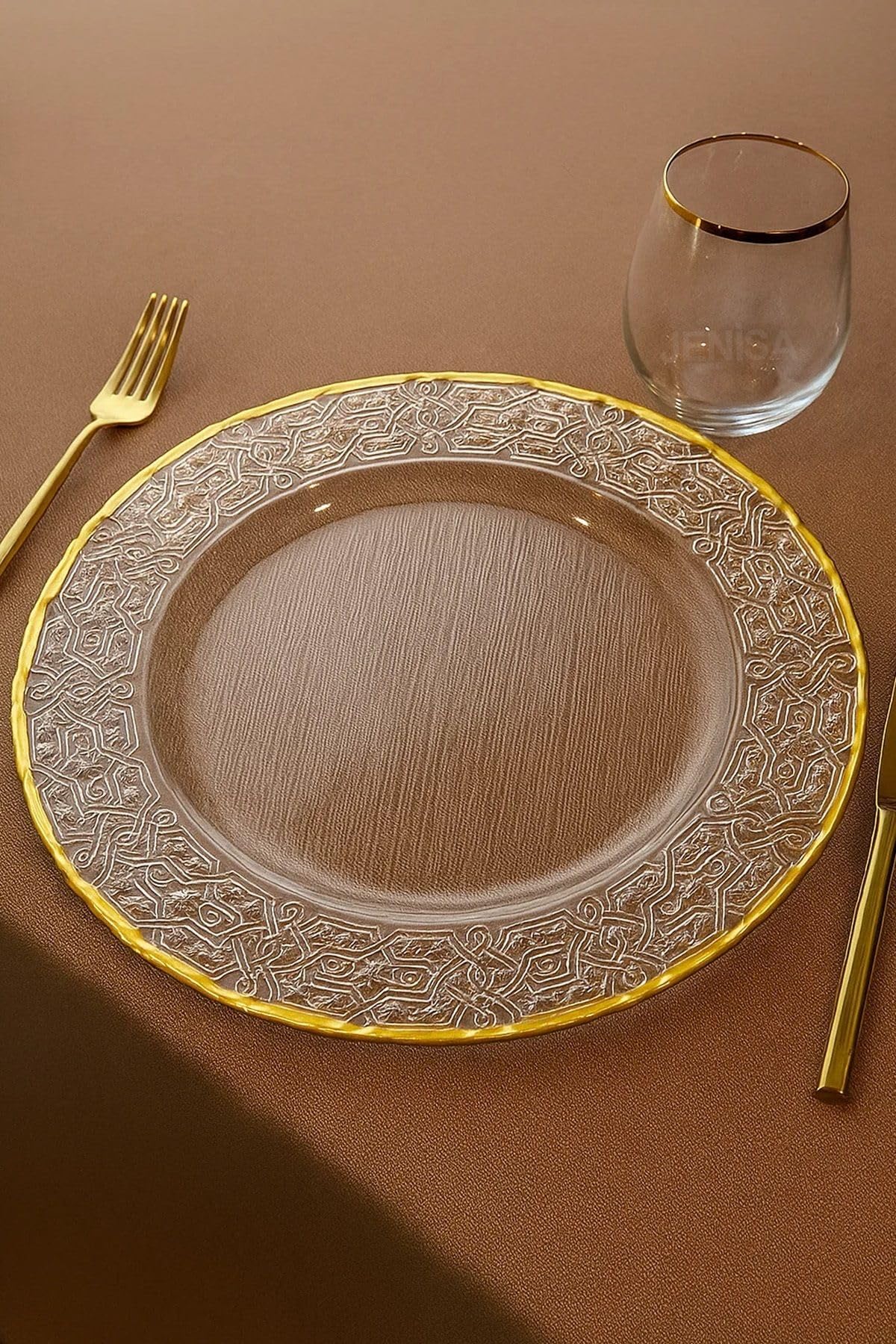 Jenisa Altın Detaylı Yuvarlak Cam Supla – 33 Cm Servis Ve Dekor Tabağı