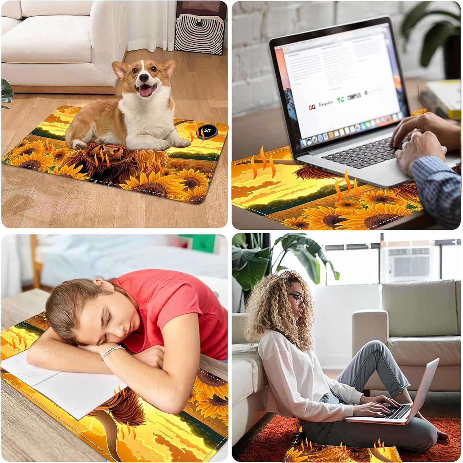 Heated Mouse Pad with 3 Heating Modes & 3 Hours Auto Shut,31.5"x 13" Fast Heating Desk Mat,PU Leather Office Desk Mat,Sunflower Highland Cow