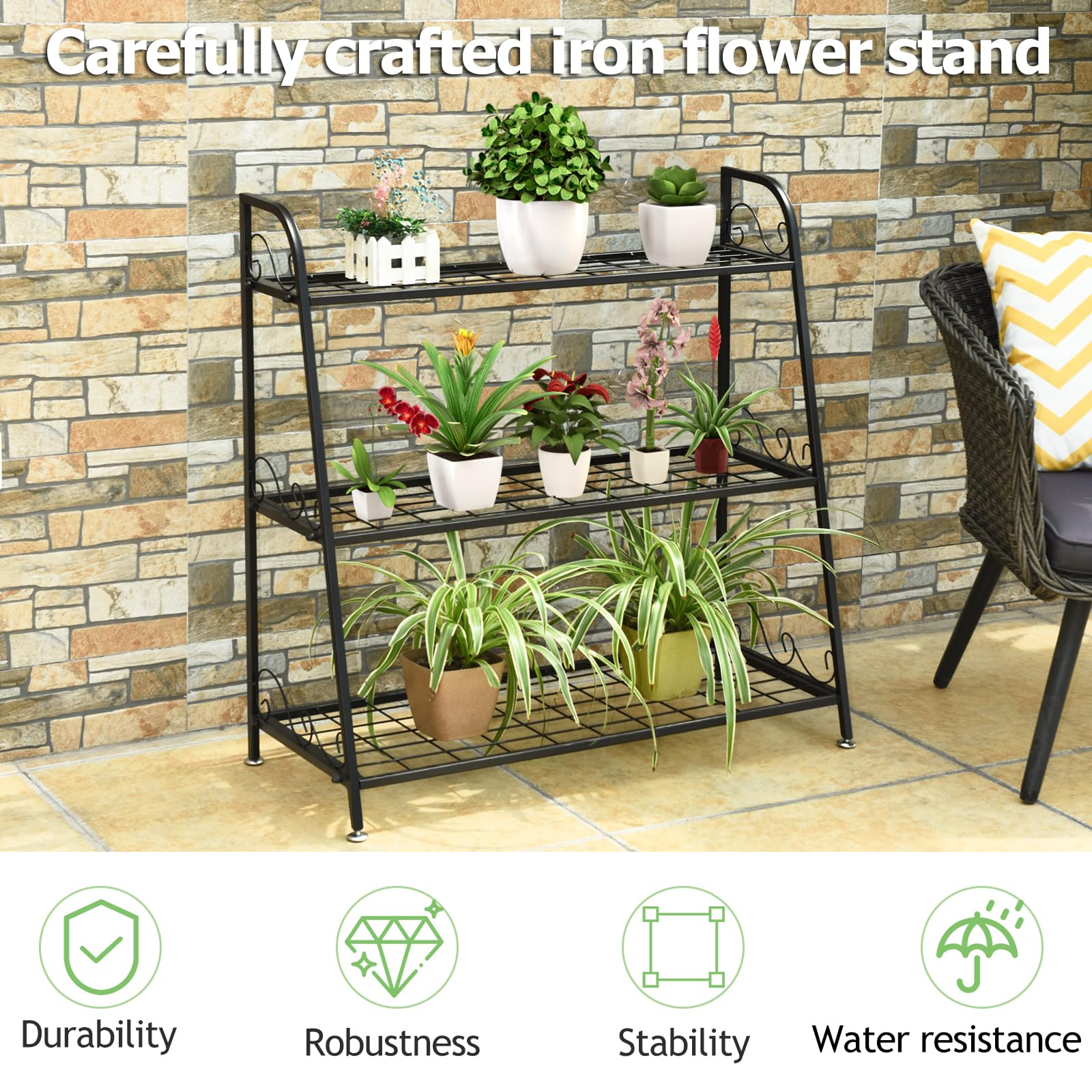 Support pour plantes d'extérieur 3 niveaux en fer noir