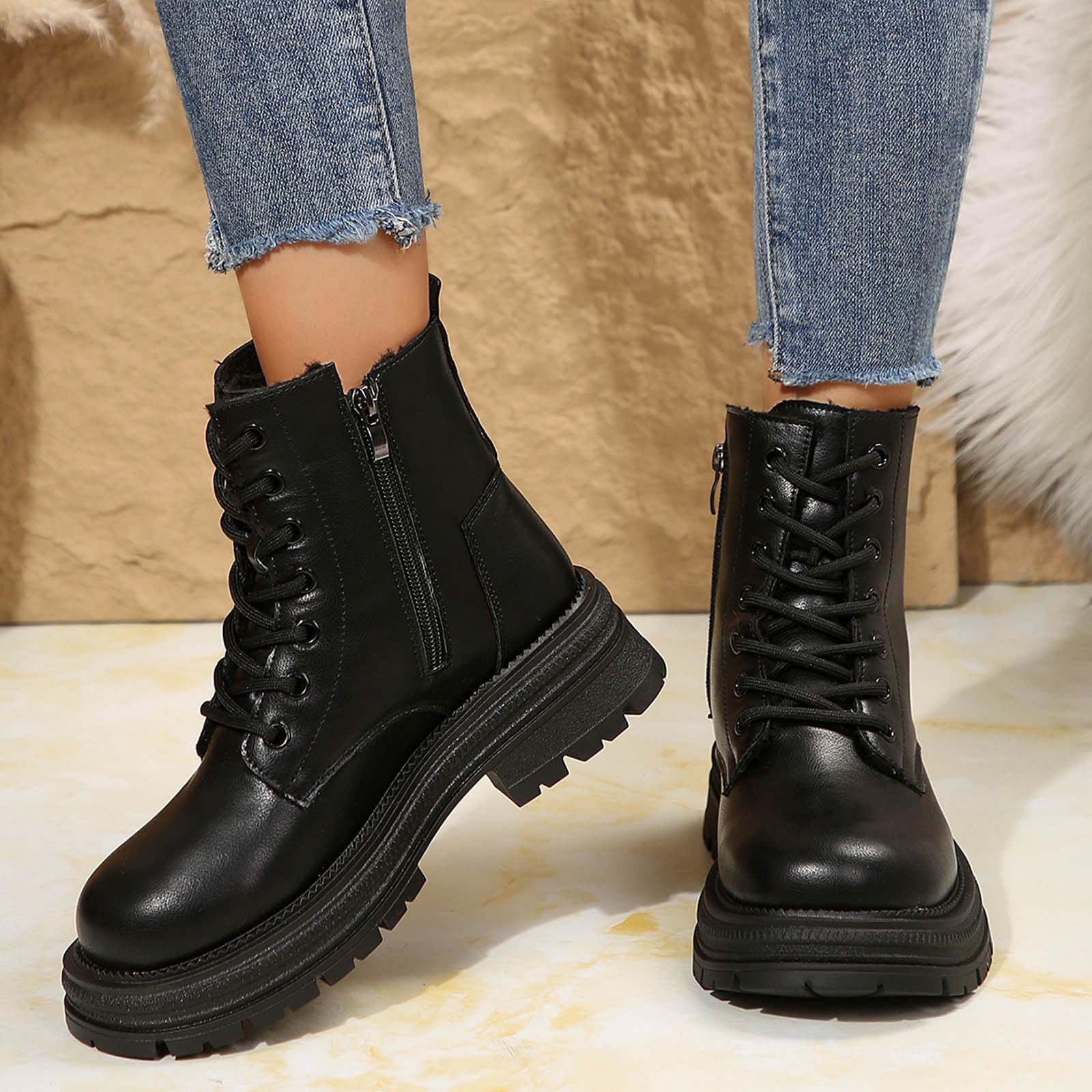 Botas de combate para mujer con cordones, botas de combate, botas de senderismo, con cremallera, tacón de bloque, tácticas, militares, de invierno, plataforma, zapatos de seguridad