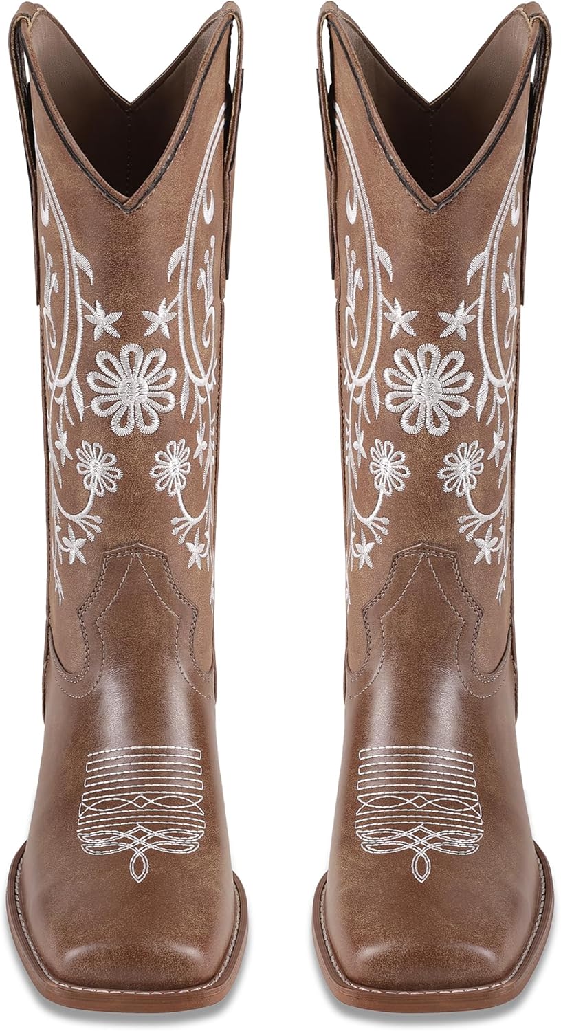 Cowboy Boots for Women Mid Calf Cowgirl Boots Square Toe Pull On Low Chunky Heel Embroidery Western Boots