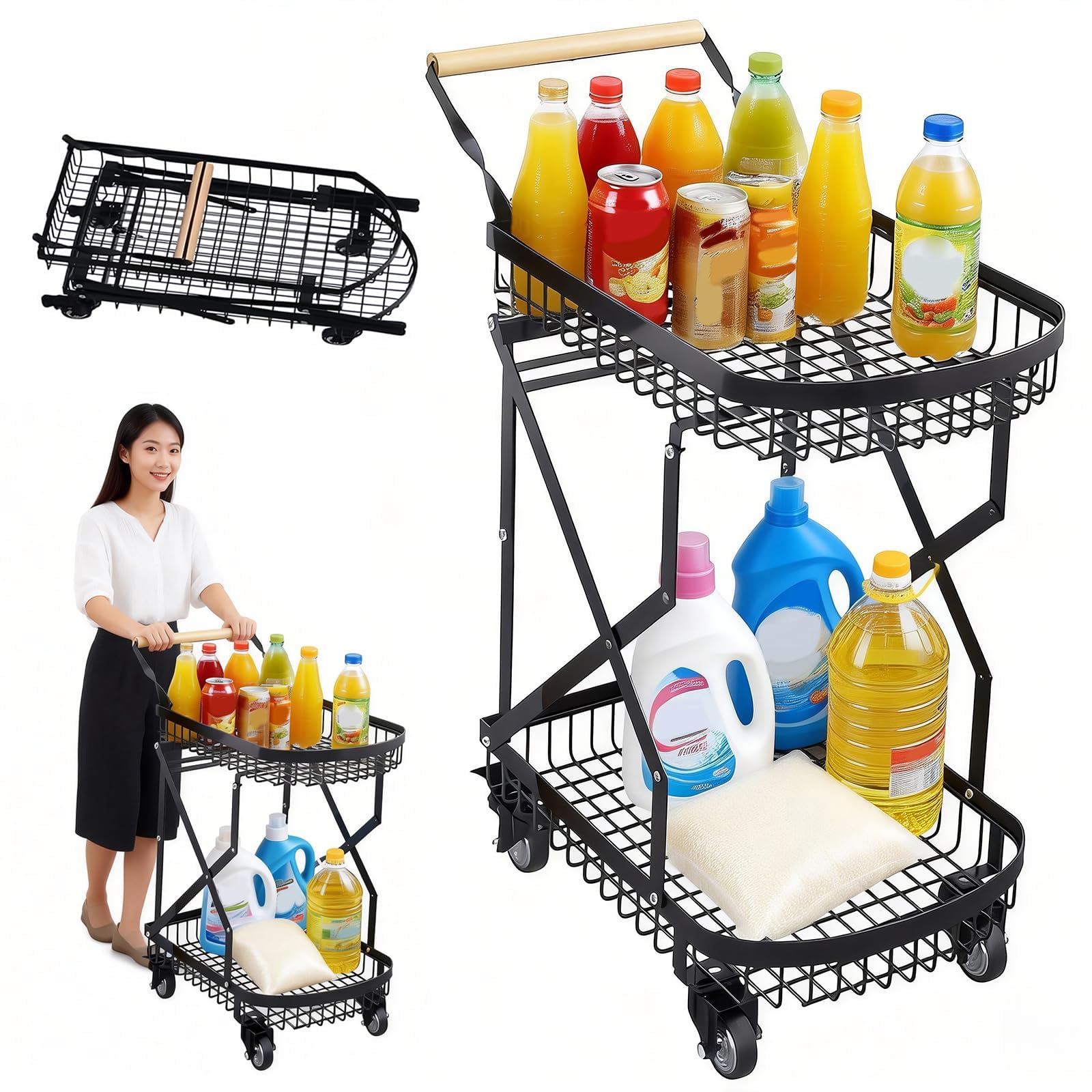 キッチンワゴン キャリーカート ショッピング レジカート ブラック 折り畳み2段 Amazon｜NODIBRO 耐荷重40kg キッチンワゴン ショッピングカート