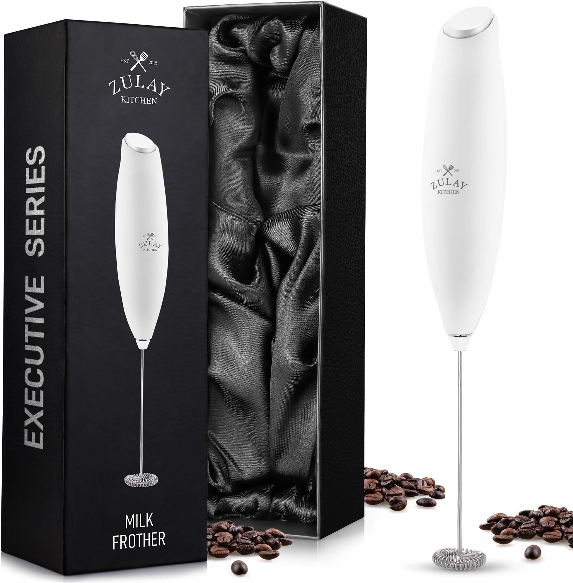 Zulay Executive Series Ultra Premium Gift Milk Frother For Coffee - Frother Handheld Foam Maker For Lattes - No Stand (Deluxe White)