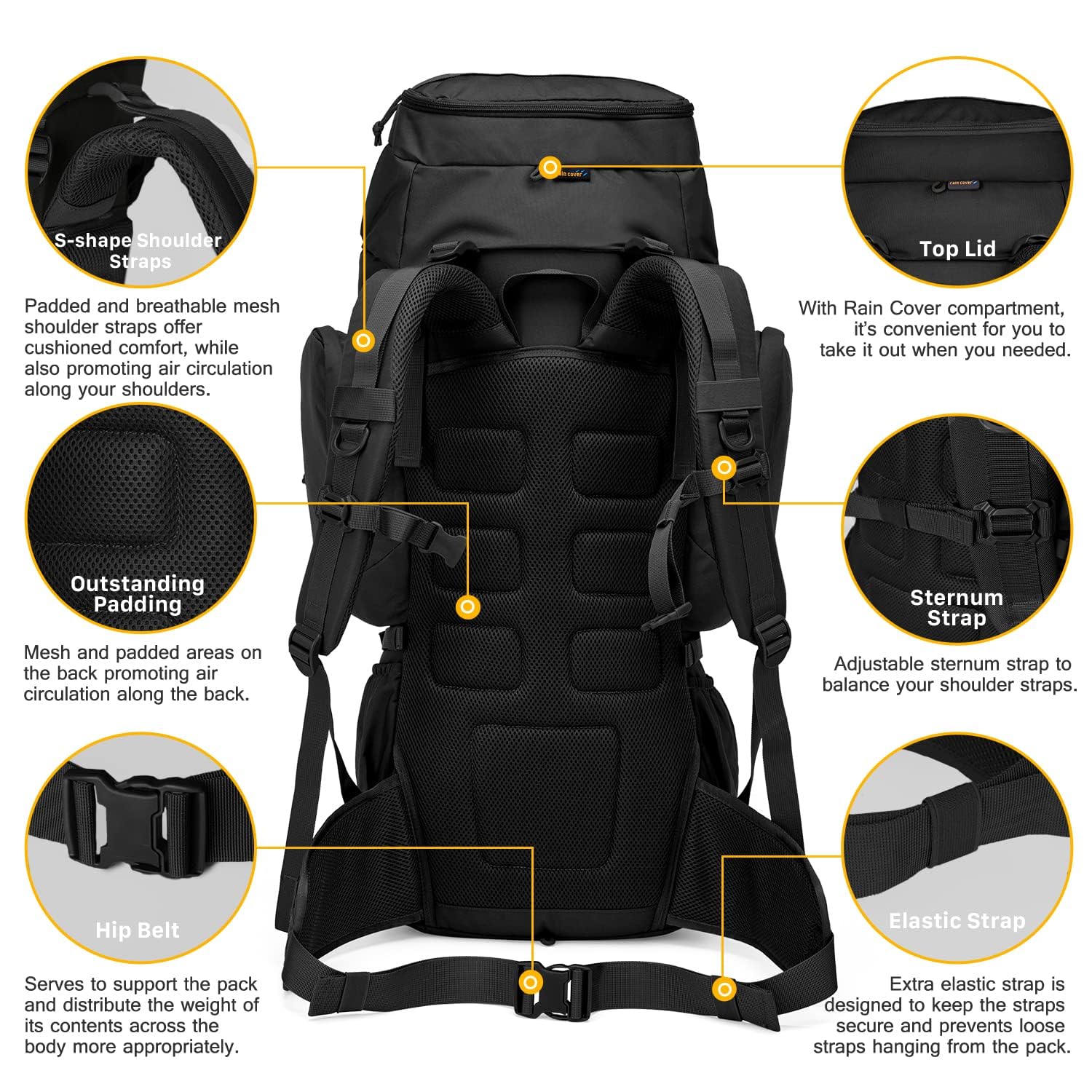 Mardingtop 60L Sac à dos tactique avec housse de pluie Grand sac à dos de trekking Extensible pour randonnée camping