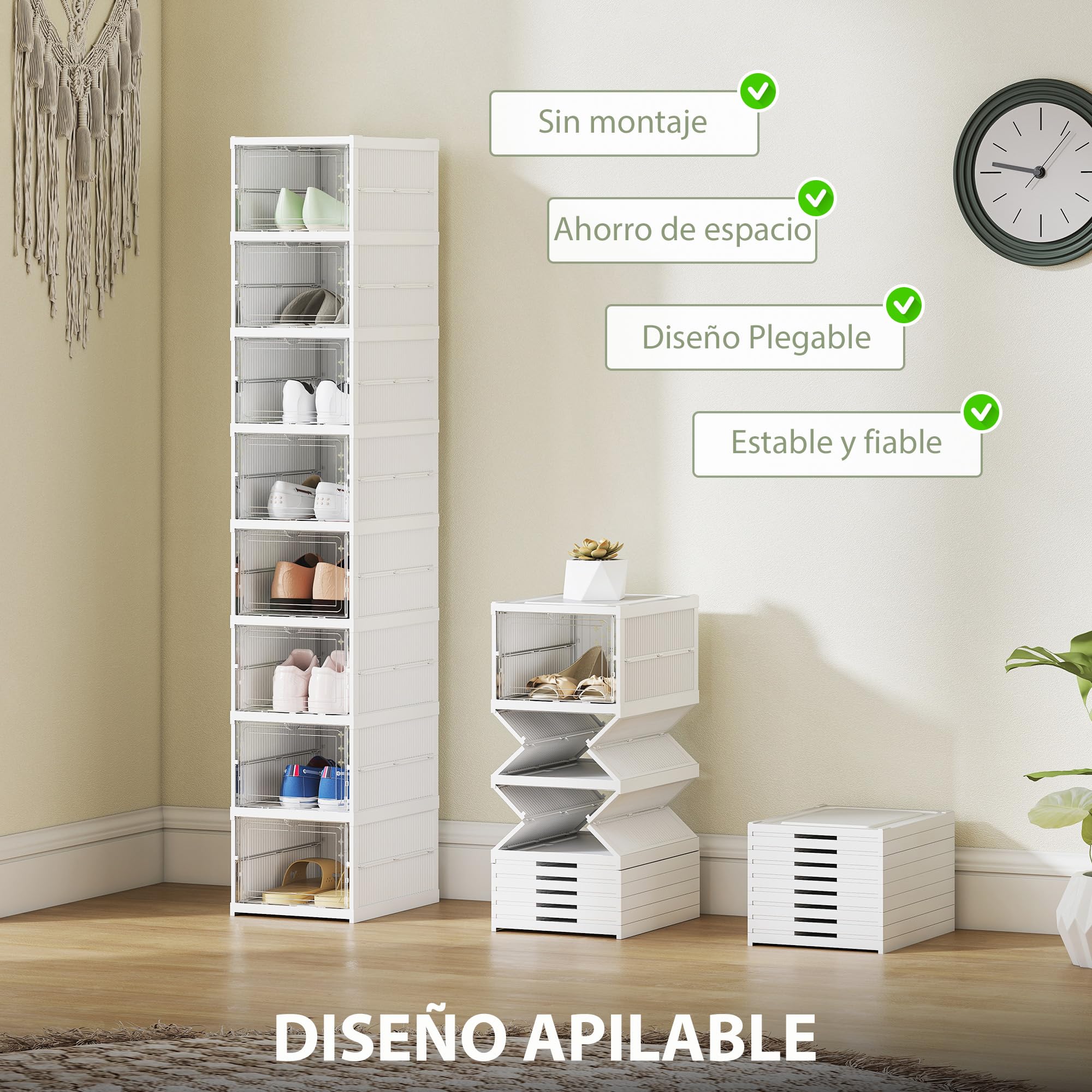 HOMCOM Cajas para Zapatos Apilables, Juego de 8 Organizadores para Zapatos Portátil, Zapatero Plegable con Puertas Transparentes, hasta Talla 43, No Requiere Montaje, Blanco