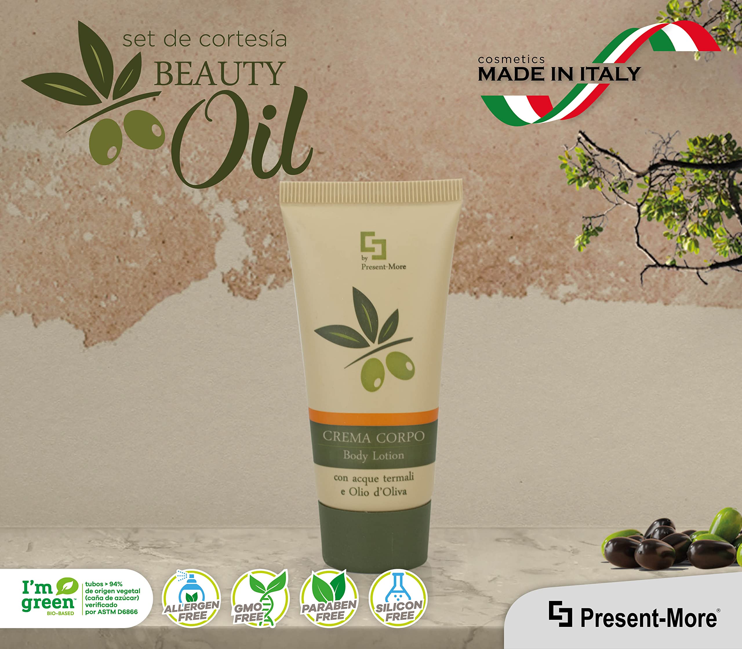 Present-More Crema corporal 30ml Beauty Oil - Crema cuerpo 150 unidades para Hoteles y B&B | Crema cuerpo sin alérgenos con fragancia Tahitian