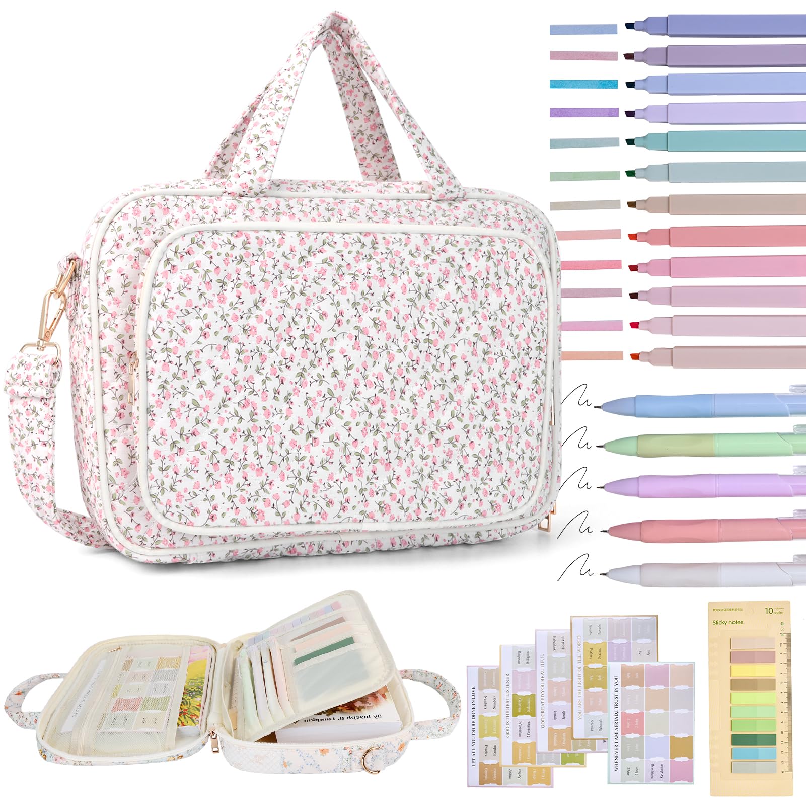 Bible Cover Case for Women Bible Study Supplies Church Camp Essentials Christian Gifts for Women Journaling Kit Quilted Large Bible Book Sleeve (Pink