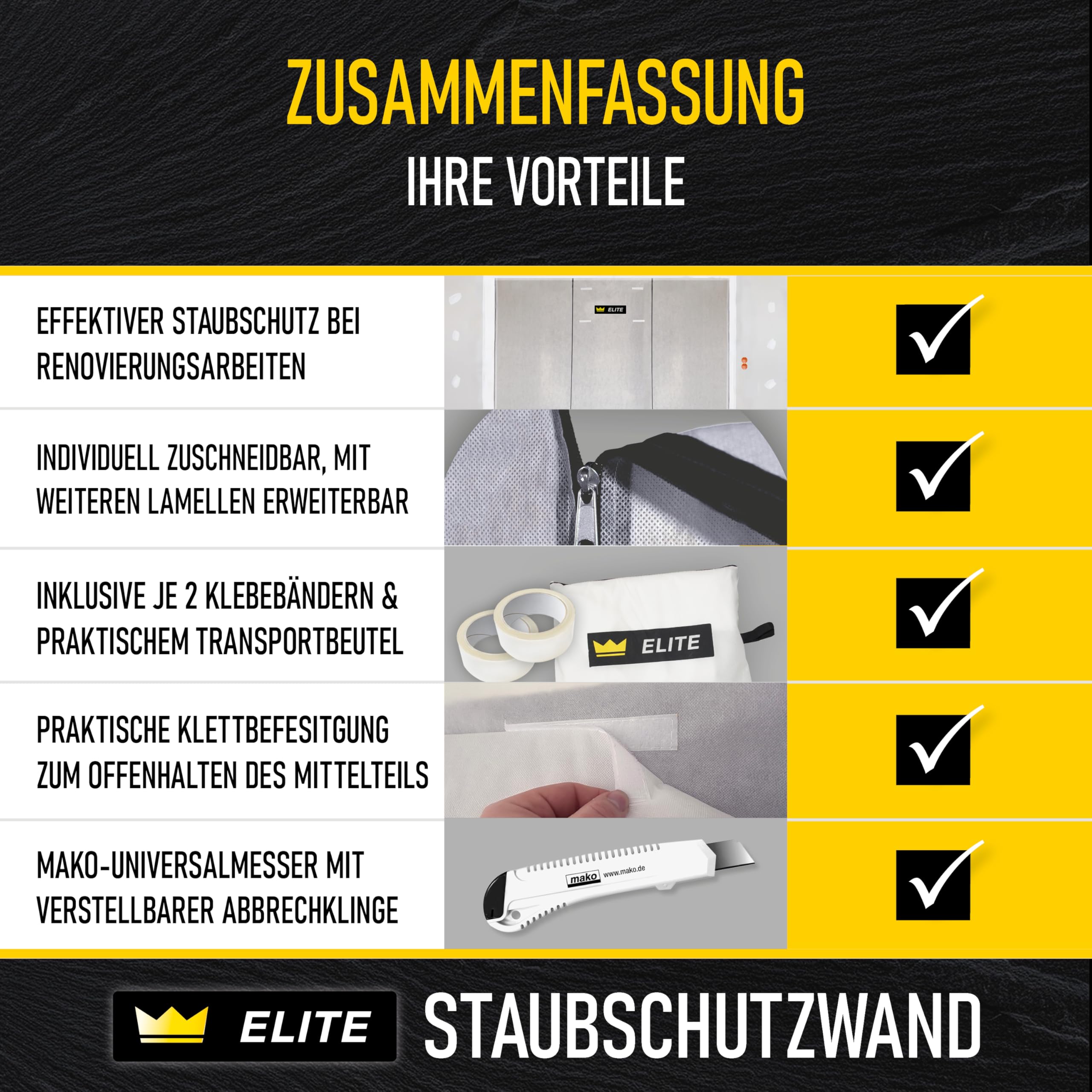 ELITE Staubschutzwand – 3,3 m x 3,2 m Profi-Qualität mit Transportbeutel und 2 Rollen Spezial-Klebeband, atmungsaktiver Vliesstoff, inkl. weißem Cuttermesser, Bautür, Staubschutztür, Schmutzschleuse