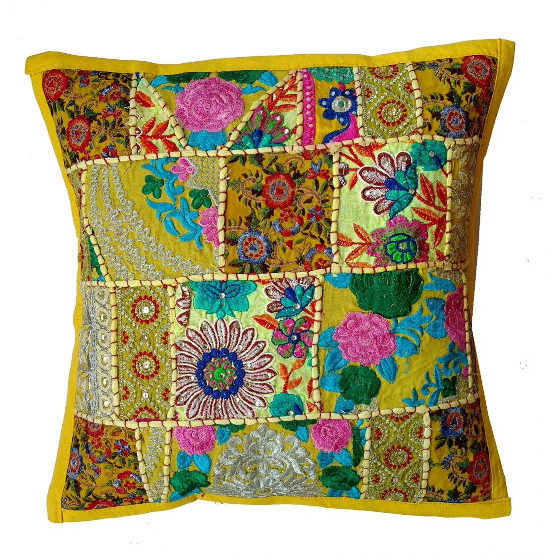 Rastogi Handicrafts Handmade Patchwork Cushion Pillow, Sari Patch Throw Pillow Indian Ethnic Pillow Covers Embroidered Sari Patchwork Cushion Cover (Yellow)