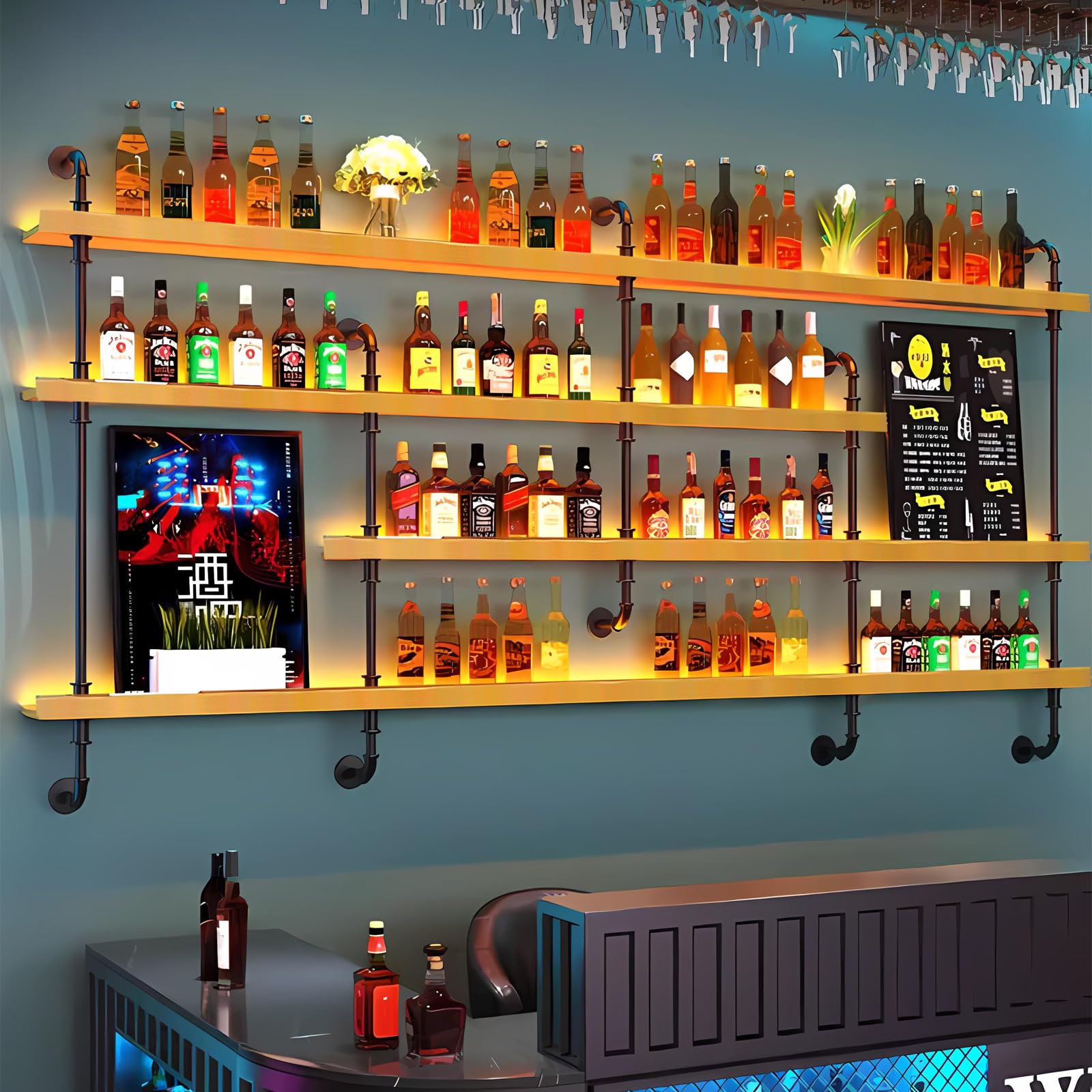 Wall-Mounted Wine Rack with LED Lights 4-Tier Wooden Floating Bar Shelves Creative Large Wine Bottle Display Rack Hanging Shelf, for Home Bar Kitchen,Living Room (Walnut, 200cm/78.7in)