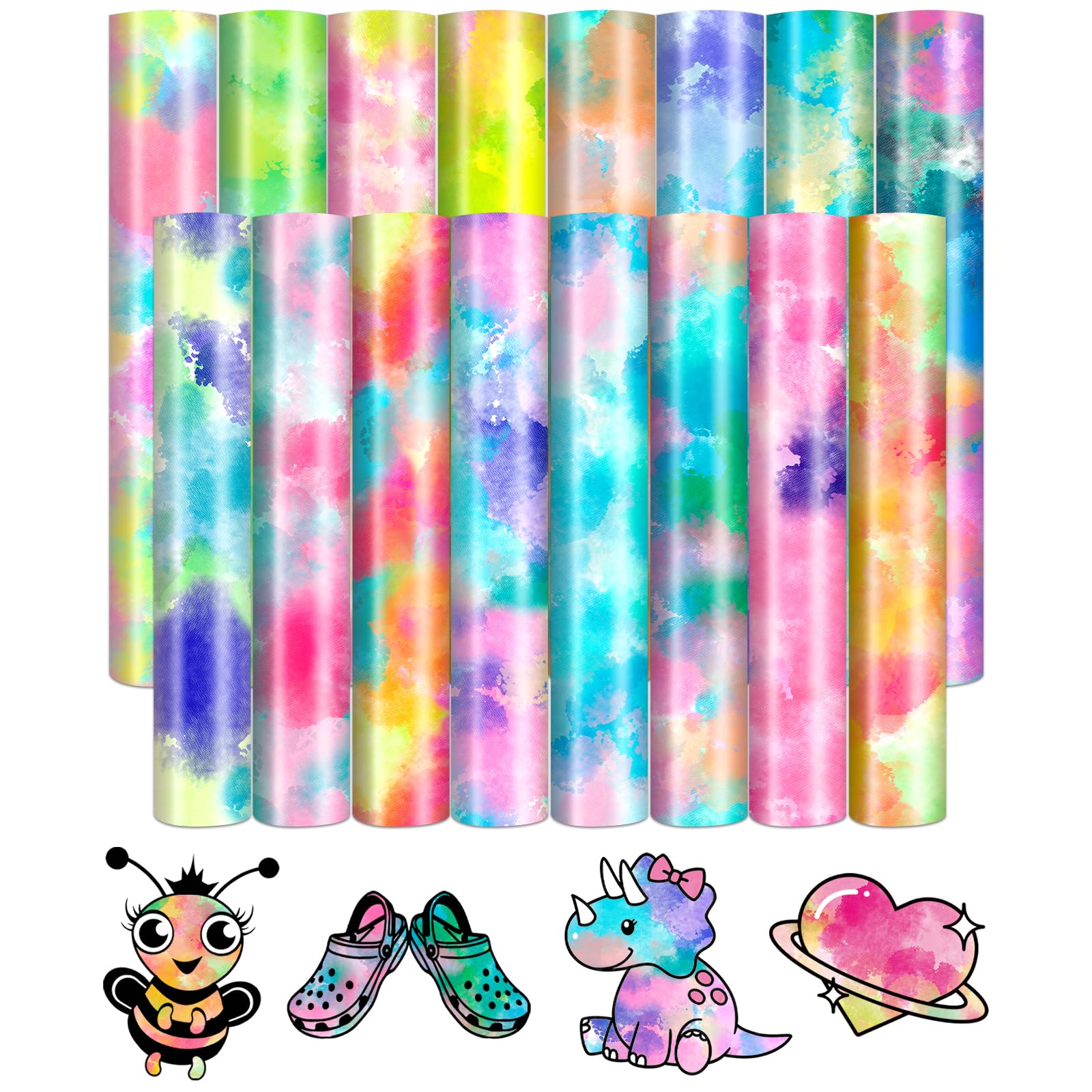 HTVSTD Tie Dye HTV Heat Transfer Vinyl - 16 Sheets 12 x 10 Inches Watercolor Patterned HTV Vinyl Tie Dye Heat Transfer Vinyl for T-Shirts DIY Iron on Vinyl Compatible with Sillhoutte Cameo and Cricut