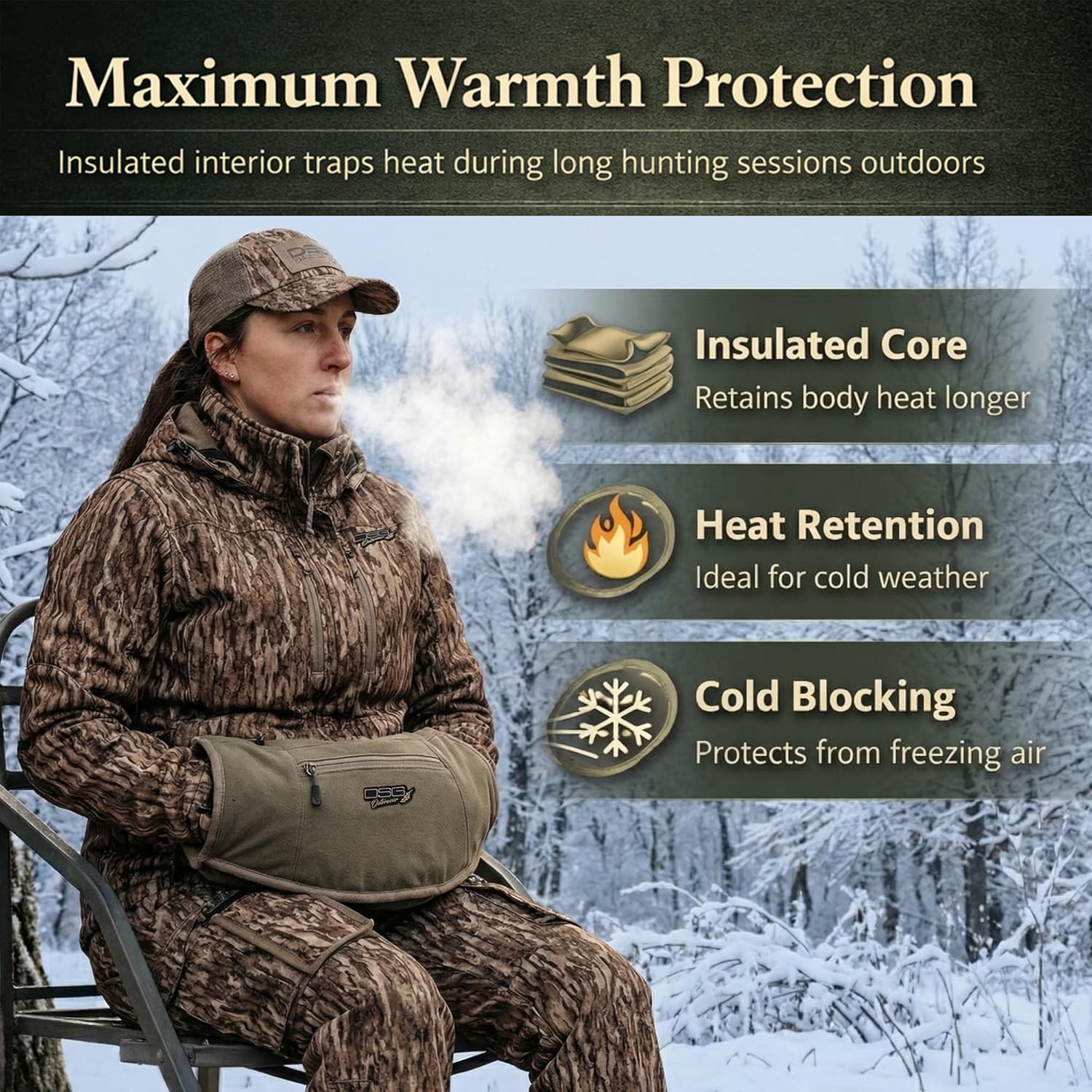 DSG Outerwear Women's Hunting Muff – Insulated Hand Warmer with Zippered Storage & Device Pocket – Cold Weather Hunting Gear