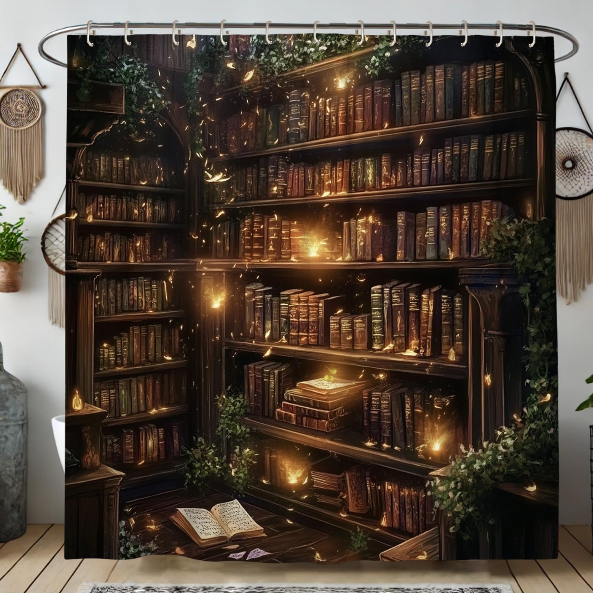 Enchanting Library Shower Curtain, Vintage Bookshelf Theme for Bathroom Décor, Cozy Autumn Inspired Elegant Waterproof Fabric Shower Curtain Set with Hooks 72x72 Inch