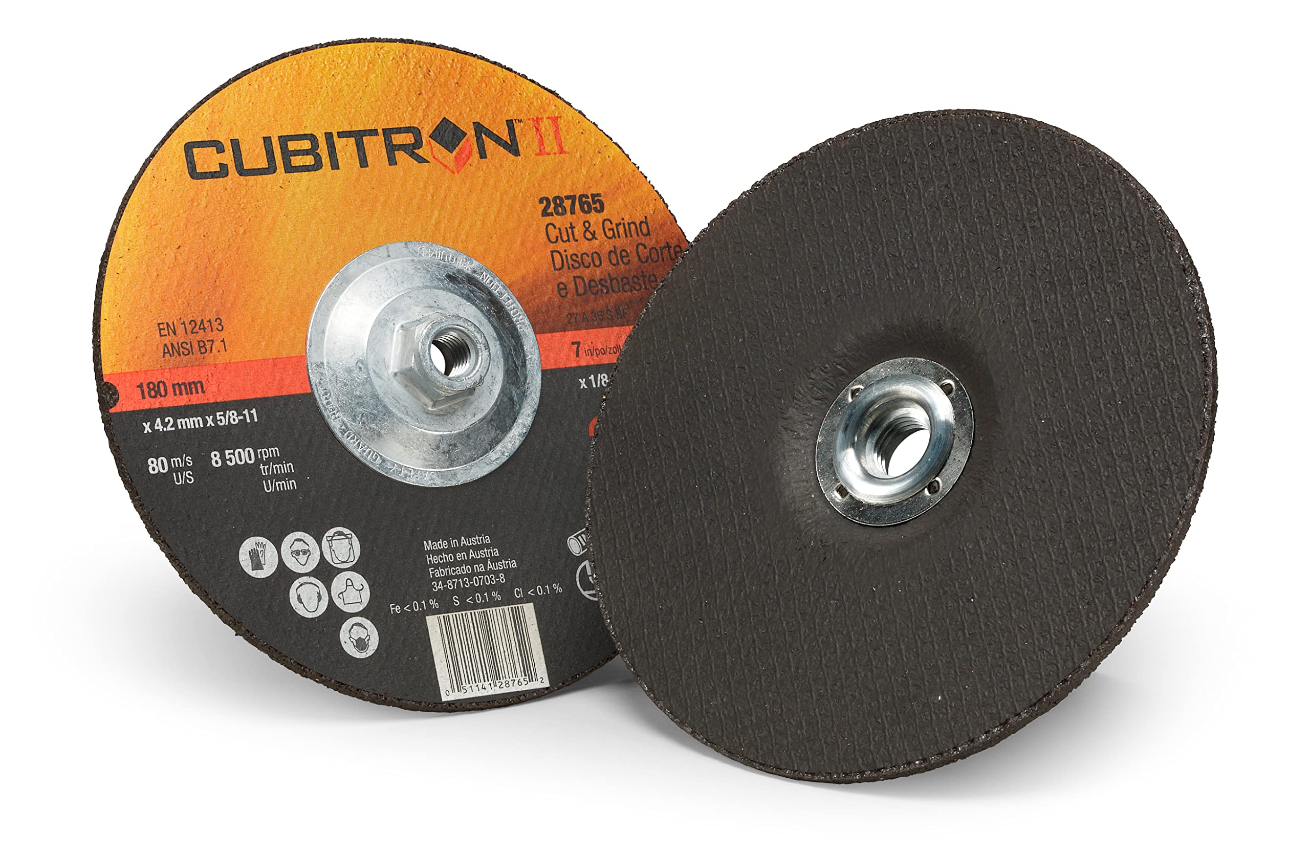3M Cubitron II Ceramic Cutoff Wheel - Type 27 (Depressed Center) - 36 Grit Very Coarse Grade - 7 in Dia - Thickness 0.12 in - 8500 Max RPM - 28765 [PRICE is per WHEEL]