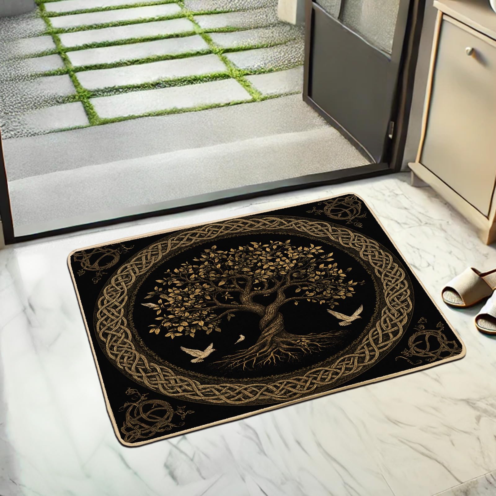 Celtic Tree of Life Doormat, Black and Gold Entry Mat for Home & Garden Décor, All Seasons Indoor & Outdoor Use, Non-Slip Easy Clean 29x17 Inch