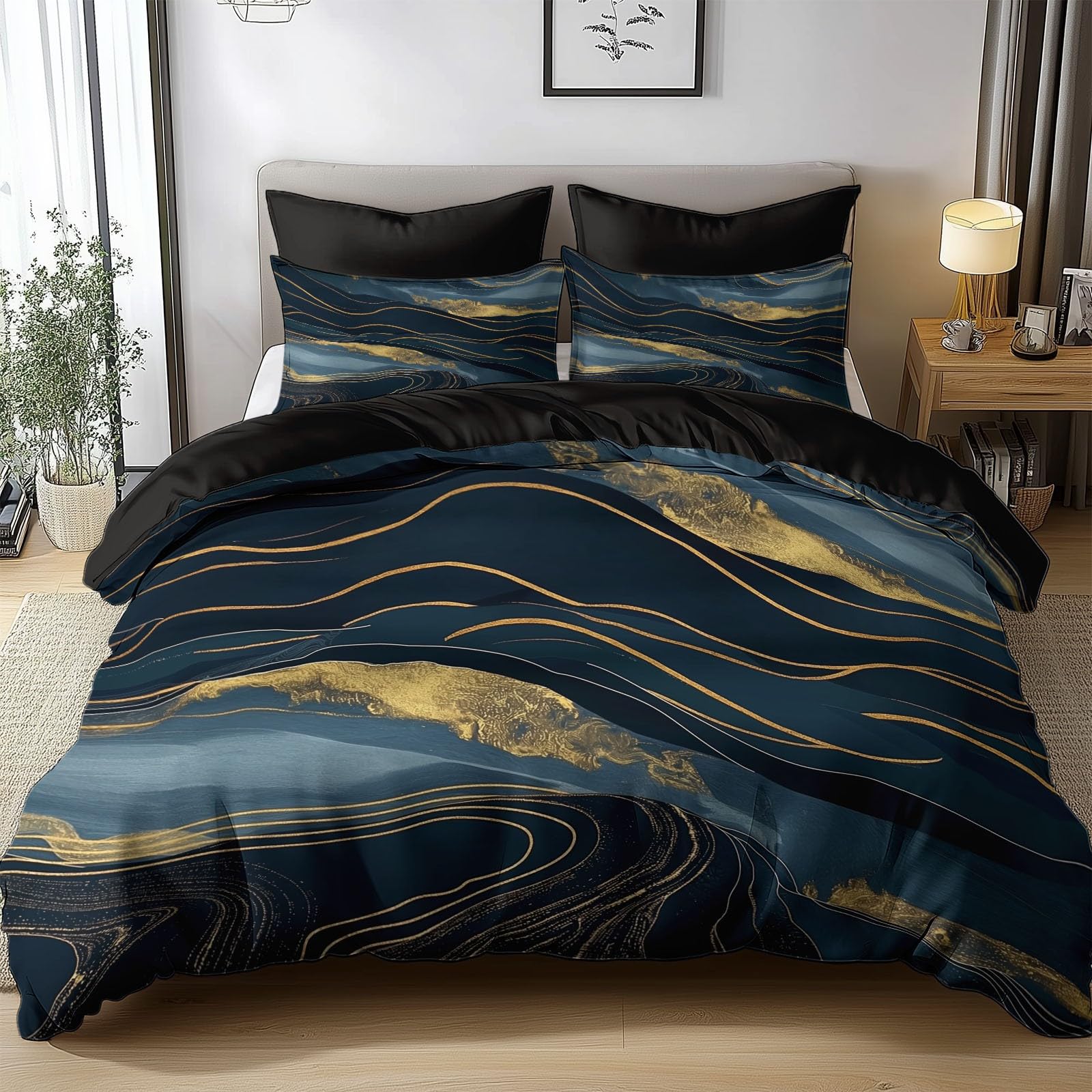 Duvet Cover Set King Size 220x230 cm Marble Gold Lines Duvet Set Breathable Comforter Covers Super Soft Microfibre Cotton Bedding Sets with 2 Pillowcases โ image 1