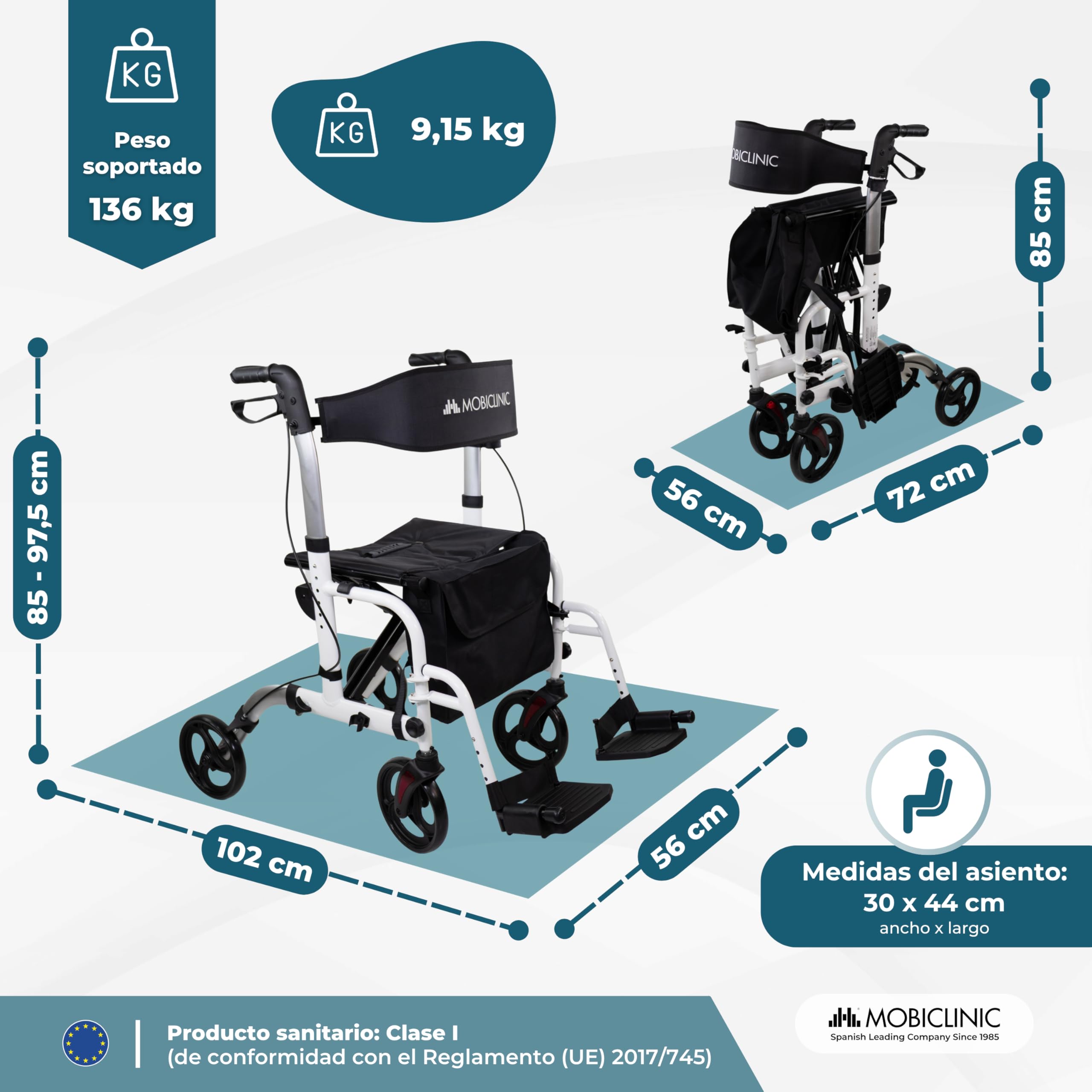 Mobiclinic®, Andador Plegable, con Reposapiés, Plegable, Ajustable en Altura, Máx. 136 Kg, con Frenos, Respaldo Reversible, Ruedas 360º, Bolsa, Porta Bastón, Ibiza