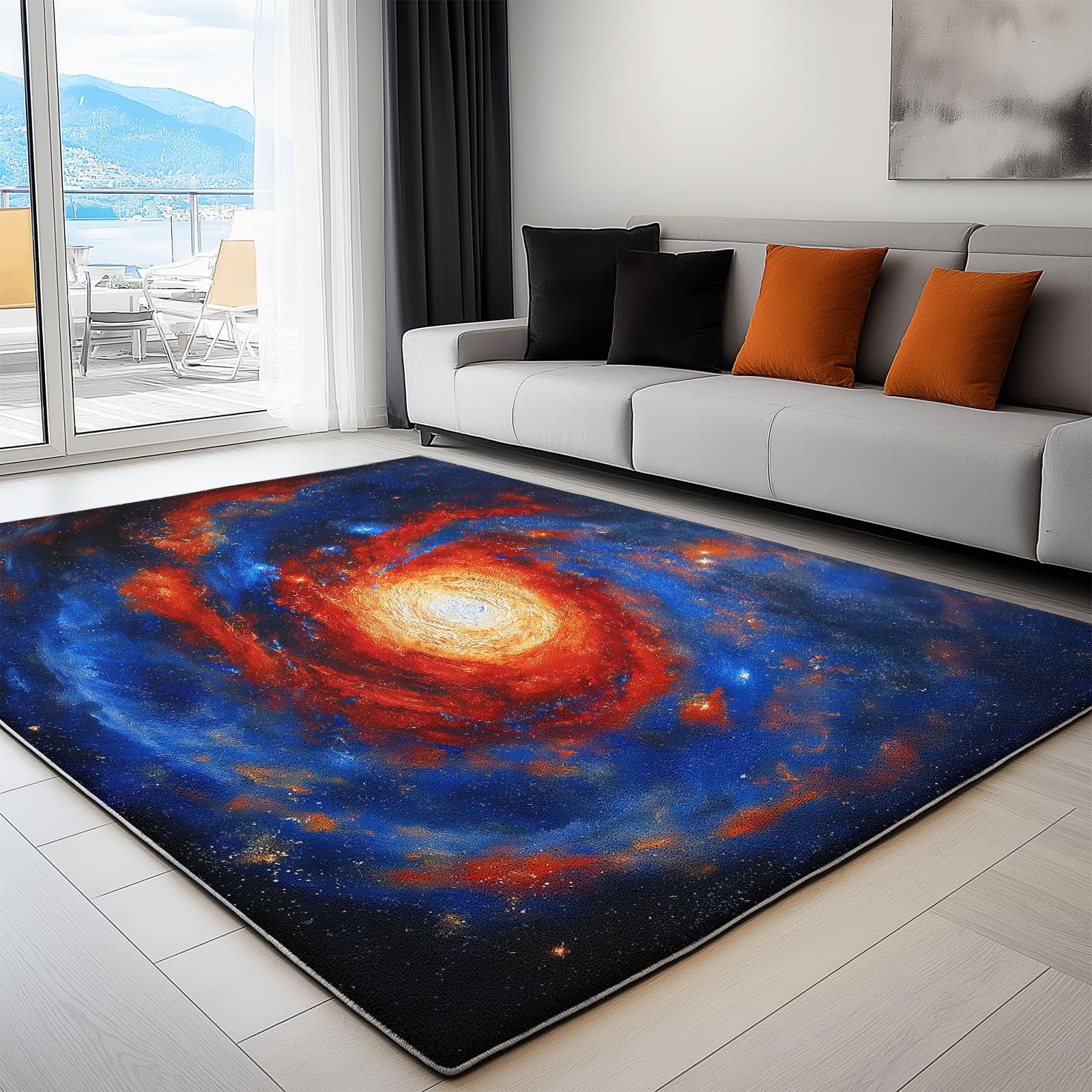 Tapis poils courts bleu galaxie univers lavable et résistant pour chambre et cuisine