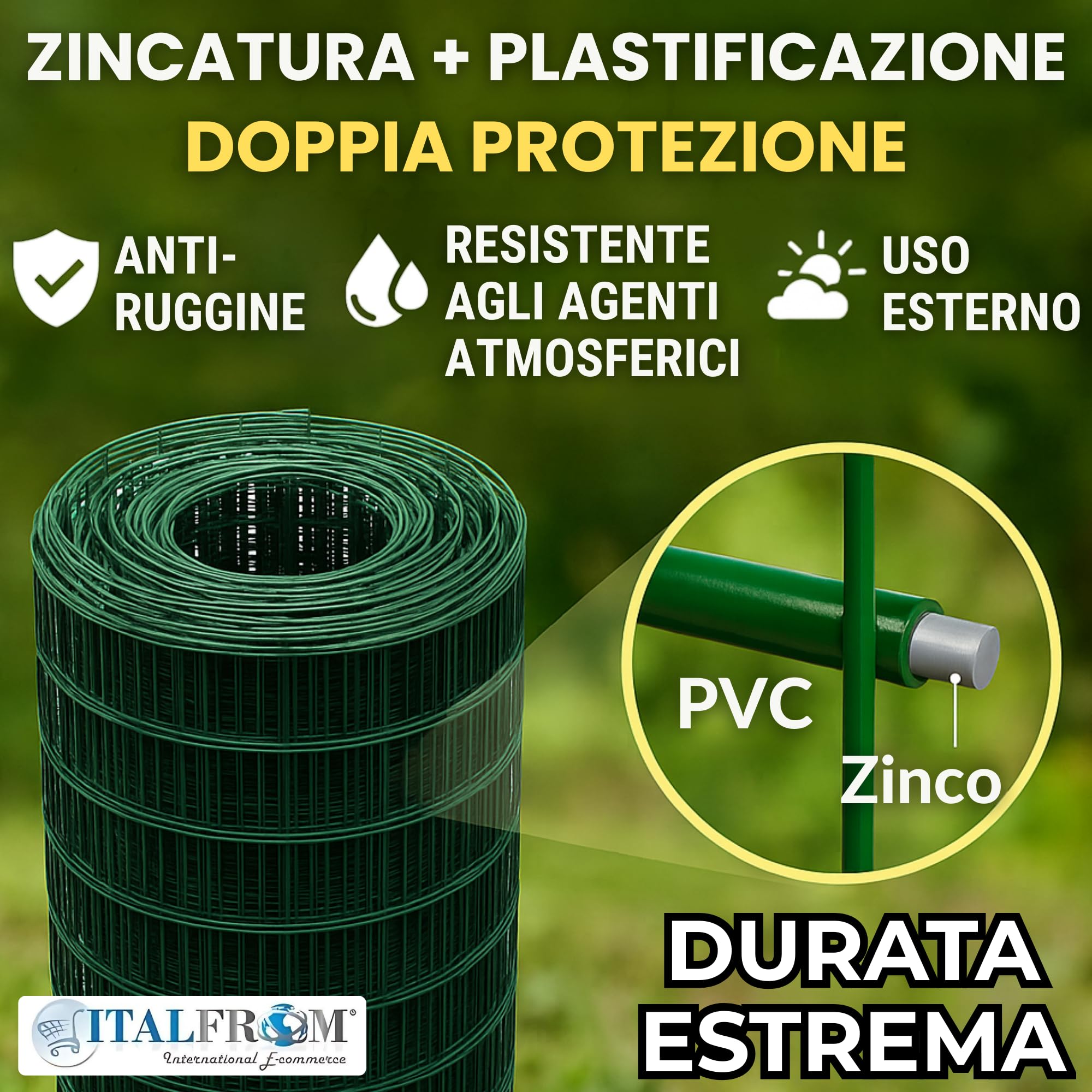 ITALFROM - Rotolo 25 Metri Rete Metallica per Recinzioni H 125 cm, Rete Elettrosaldata Verde per Recinzione Plastificata Zincata con Maglia 75x50mm, Rete da Giardino per Recinzione Rigida (2205)