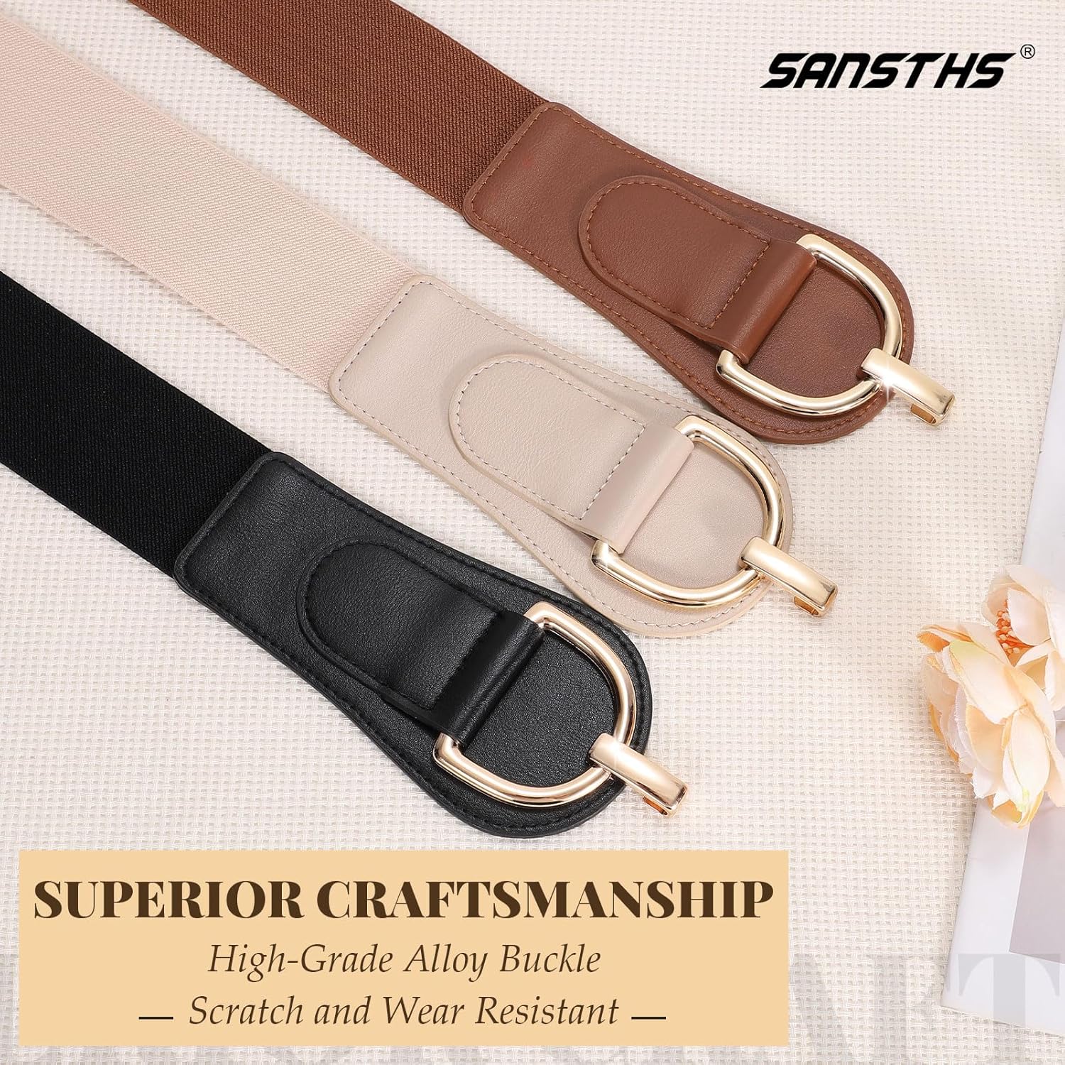 SANSTHS Vintage Women Stretchy Wide Belt Chunky Buckle Elastic Wide Waist Belts for Dresses Coats - Image 5