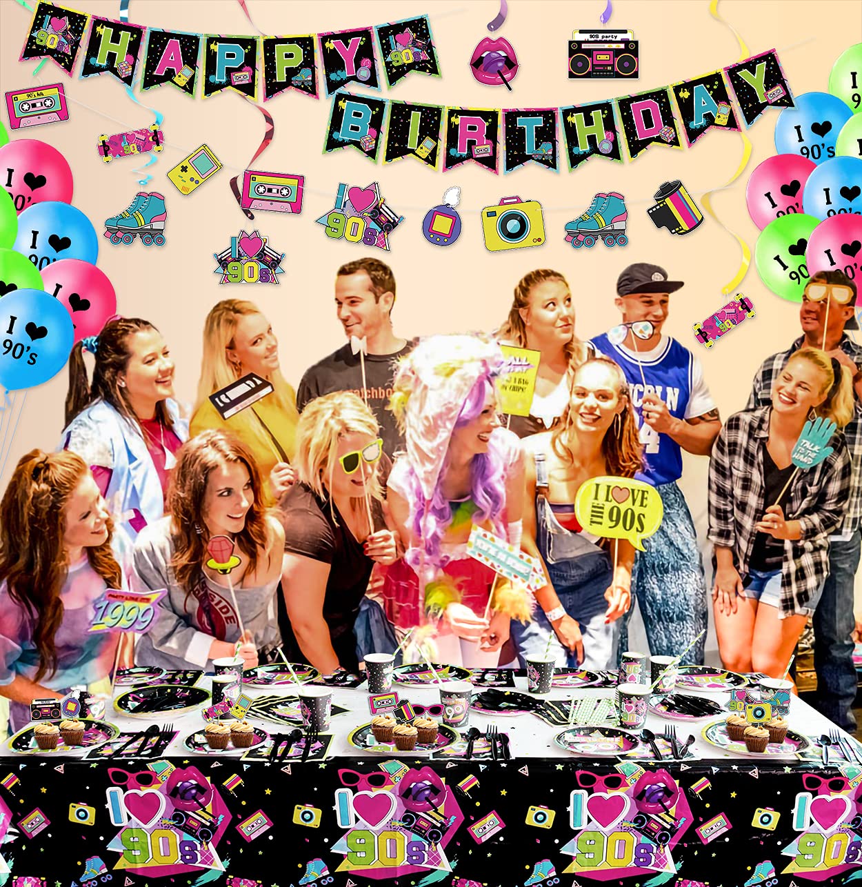 Articoli per Feste Anni '90 - Set di 122 Tovaglioli Piatti Anni '90, per Decorazioni per Feste Anni '90, Articoli per Feste di Compleanno a Tema Anni '90 - Serve 40