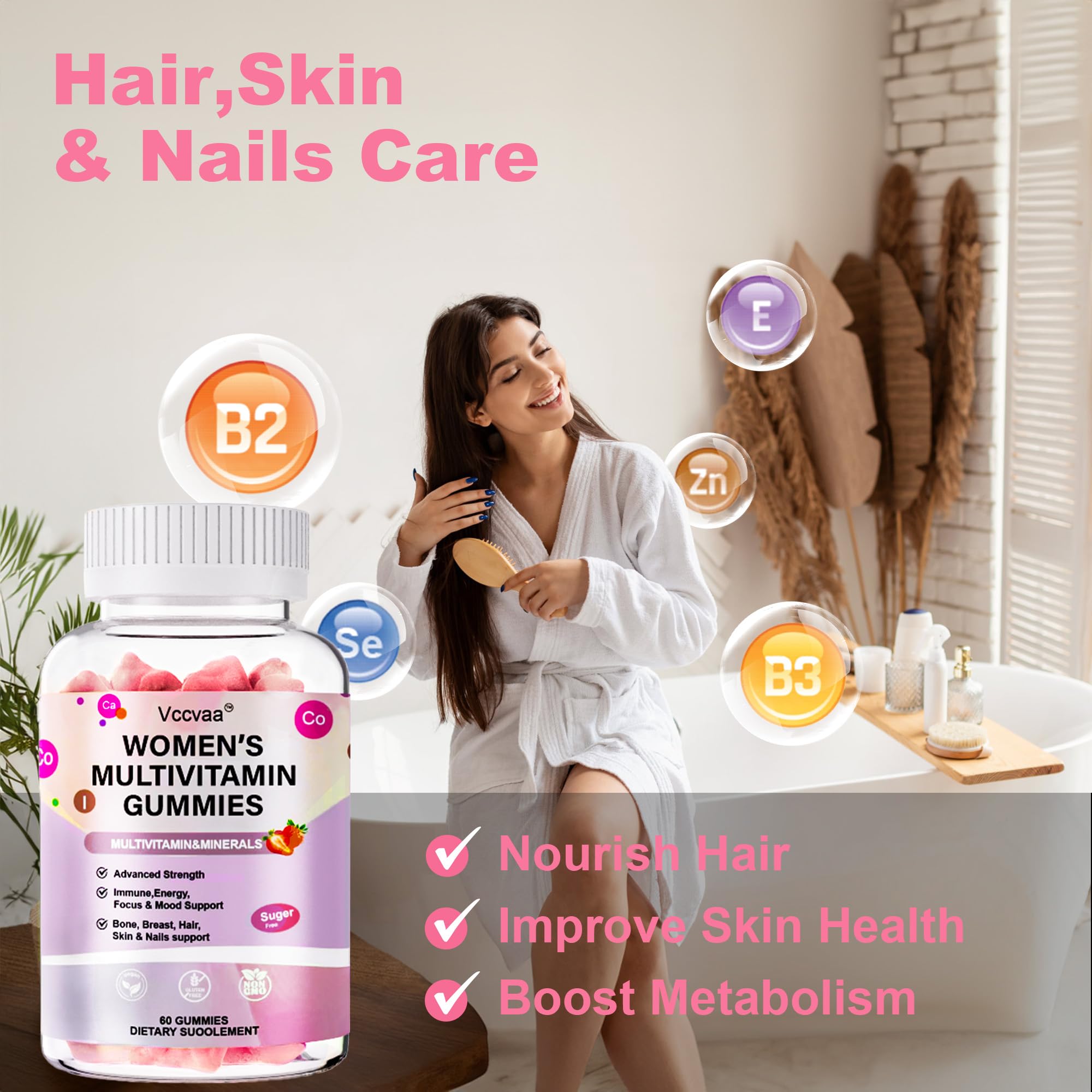 Sugar Free Multivitamin Gummies for Women 14+ with Iron, Inositol, Folate, Vitamins A C D3 E B12 K2, Herbal & Mineral Blend, Daily Vegan Gummy for Hair, Skin, Energy, Immune Support – 60 Count