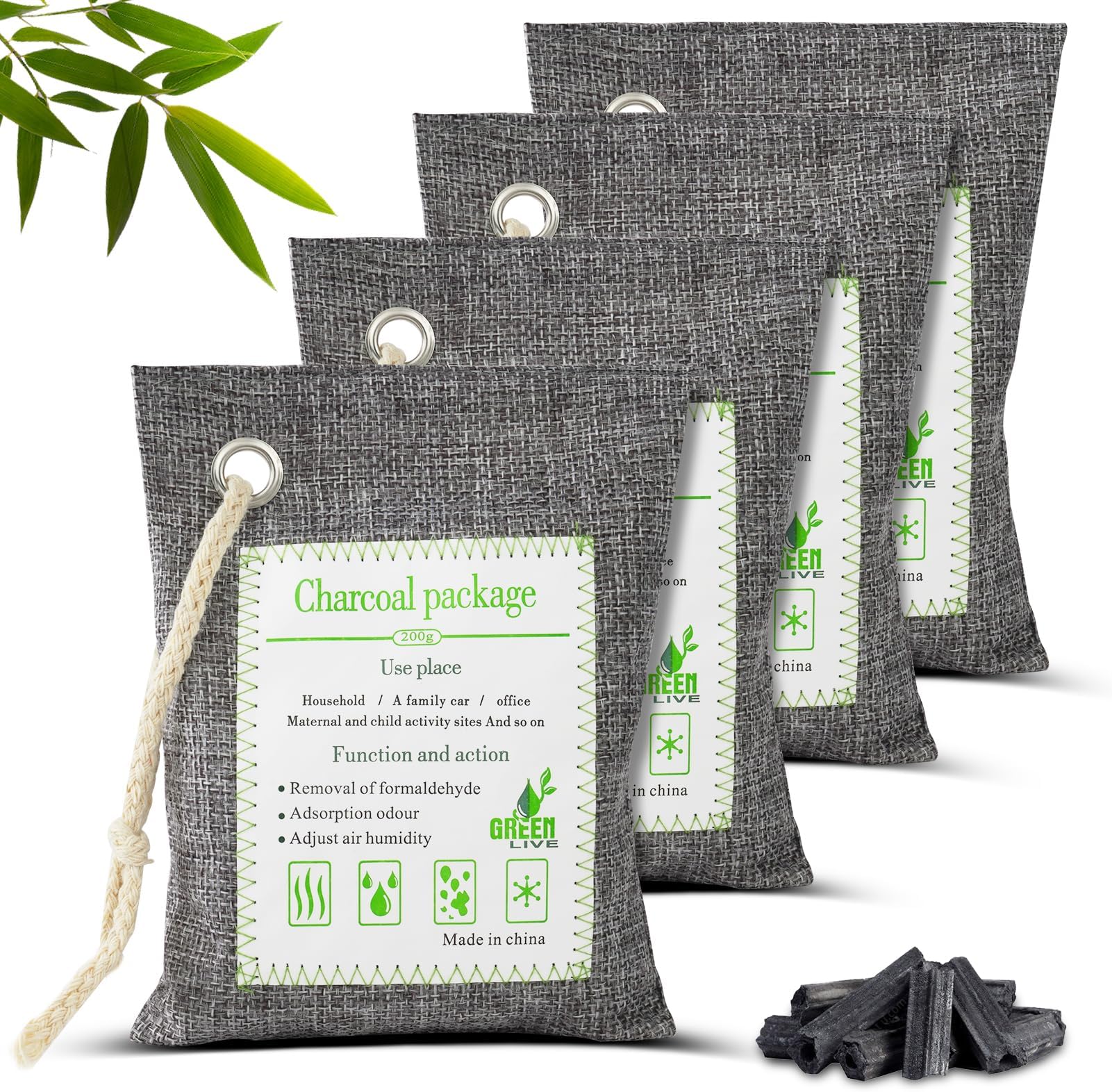HOTUT Bamboo Charcoal Air Purifying Bags, 4×200g Activated Charcoal Bags, Removes Odors and Moisture, Odor Absorber for Home, Car, Pets, Bathroom