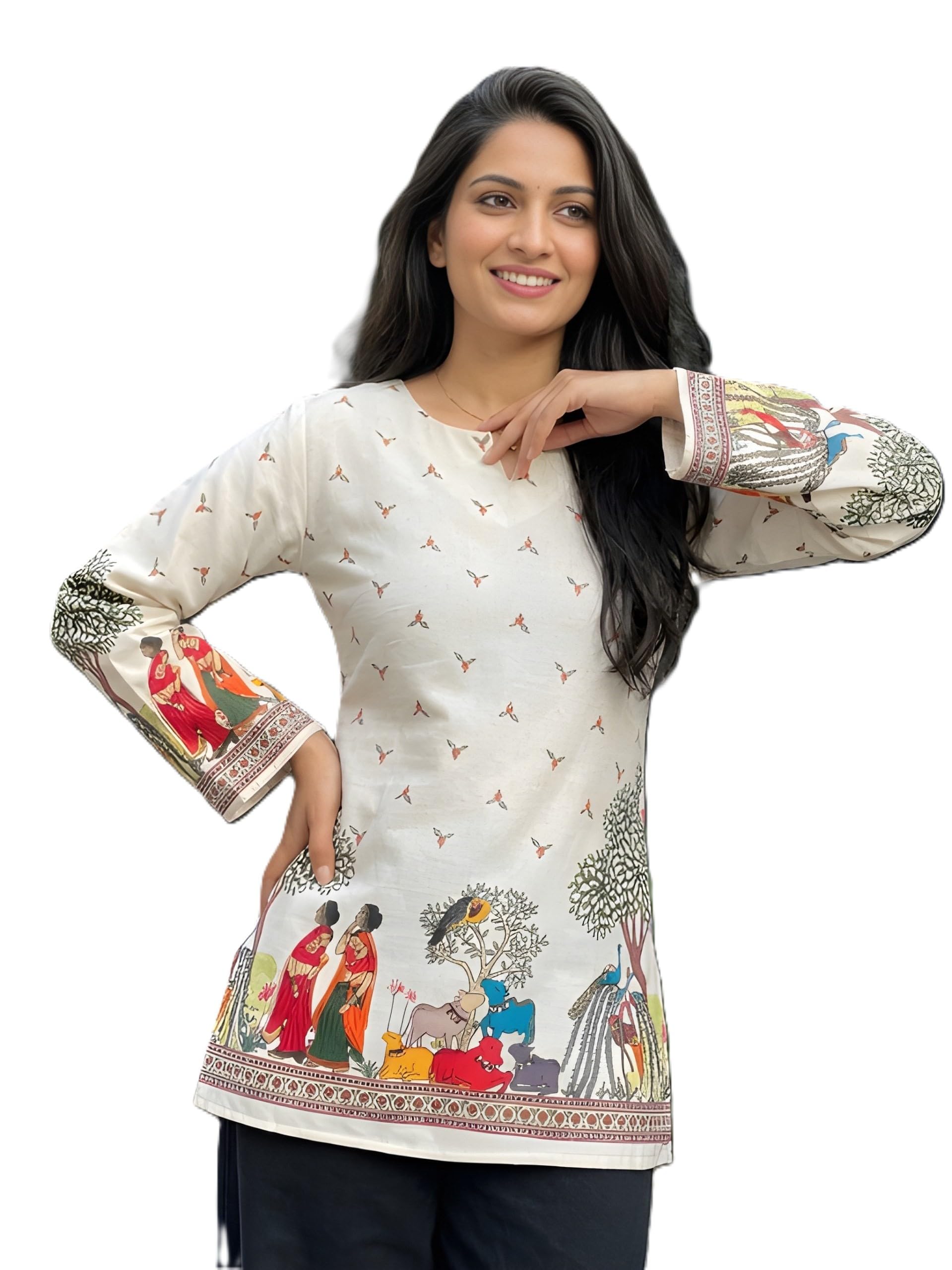 Women's Cotton Kalamkari Printed Tunic Round Neck-image-48