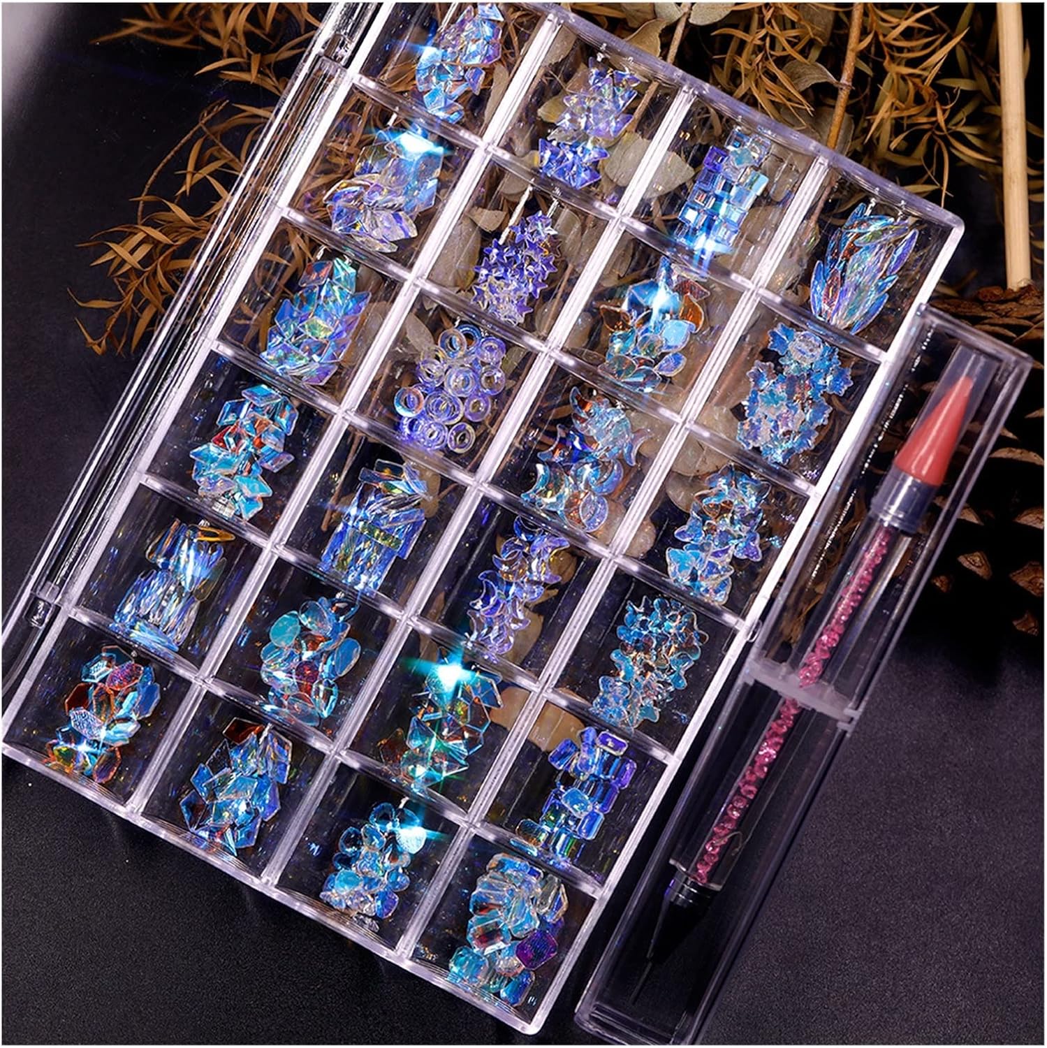 yaoqijie 480pcs/Box Crystal AB Rhinestone in Grids Flat- Back Nail Art Rhinestone Gem with 1 Pick Up Pen in Clear Big Box High Lasting (Color : Aurora Color)